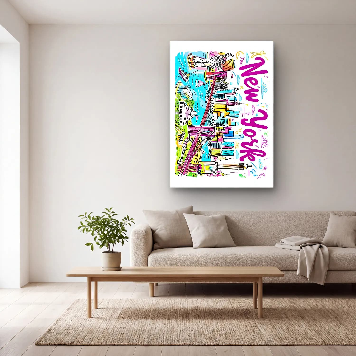 Pop Art New York Silüeti No. 5 cam tablo — açık renk salonda