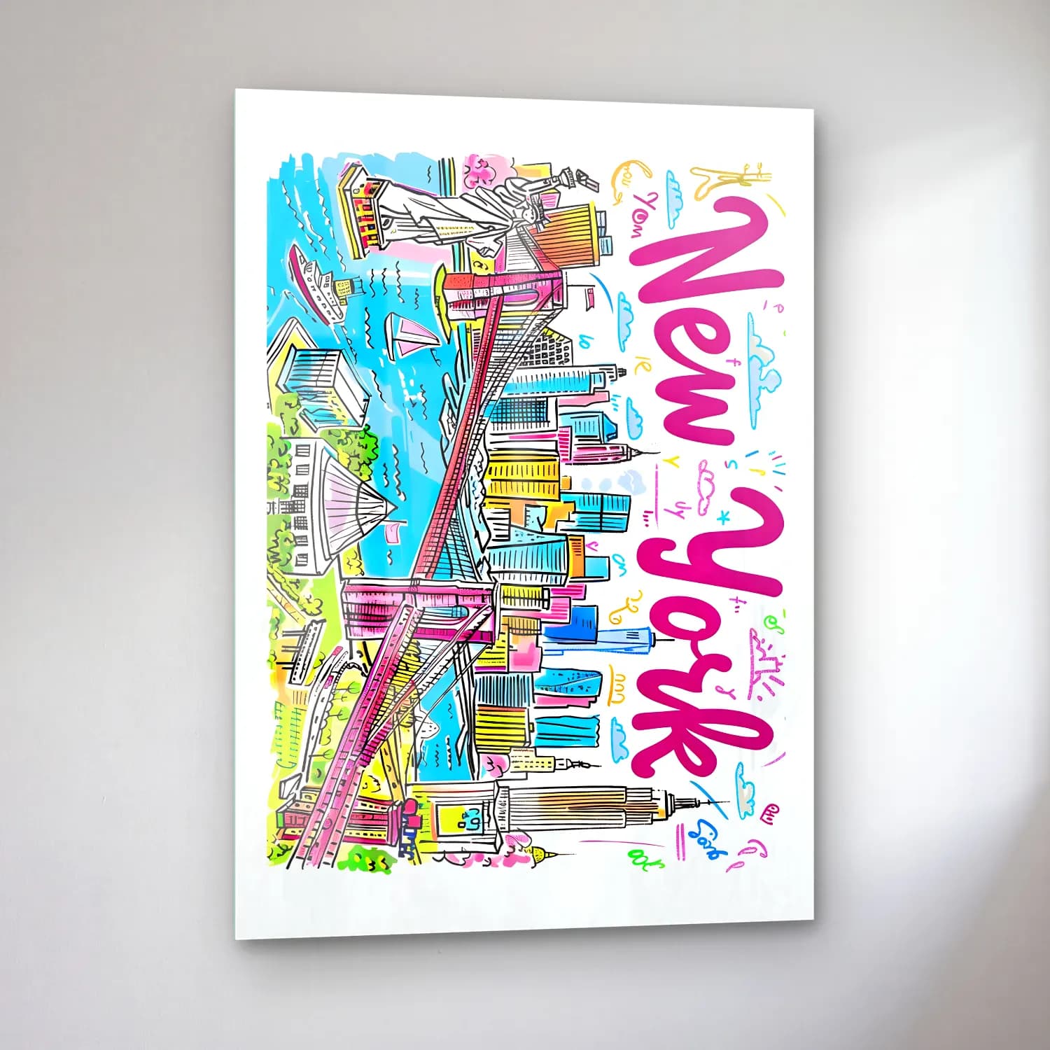 Pop Art New York Silüeti No. 5 cam tablo — sol açıdan görünüm