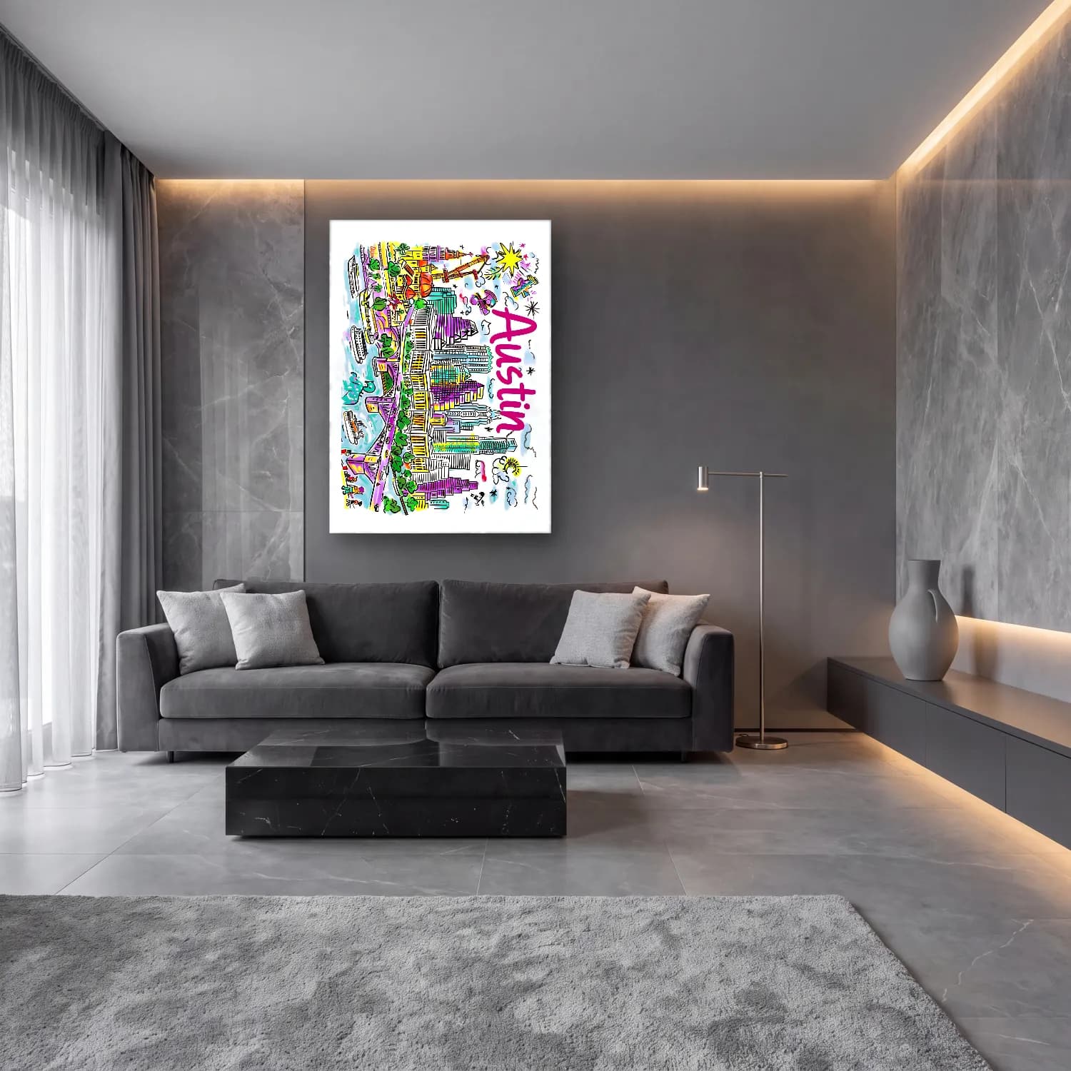 Maksimalist New York Silüeti No. 5 cam tablo — lüks salon duvarında
