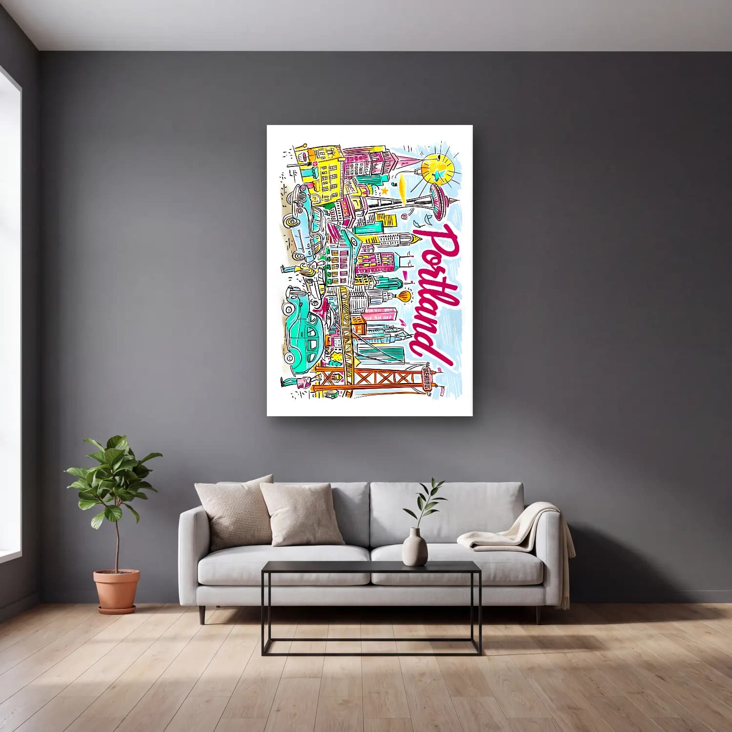 Pop Art Japon Şehri No. 4 cam tablo — gri duvarlı salonda