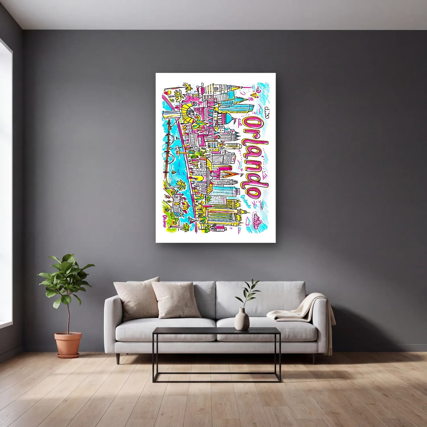 Pop Art New York Silüeti No. 6 cam tablo — gri duvarlı salonda