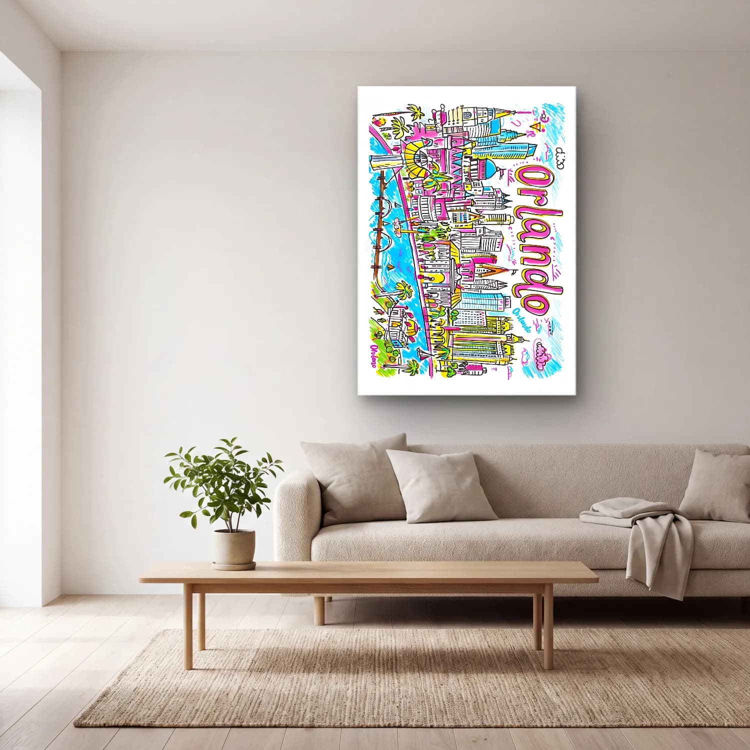 Pop Art New York Silüeti No. 6 cam tablo — açık renk salonda