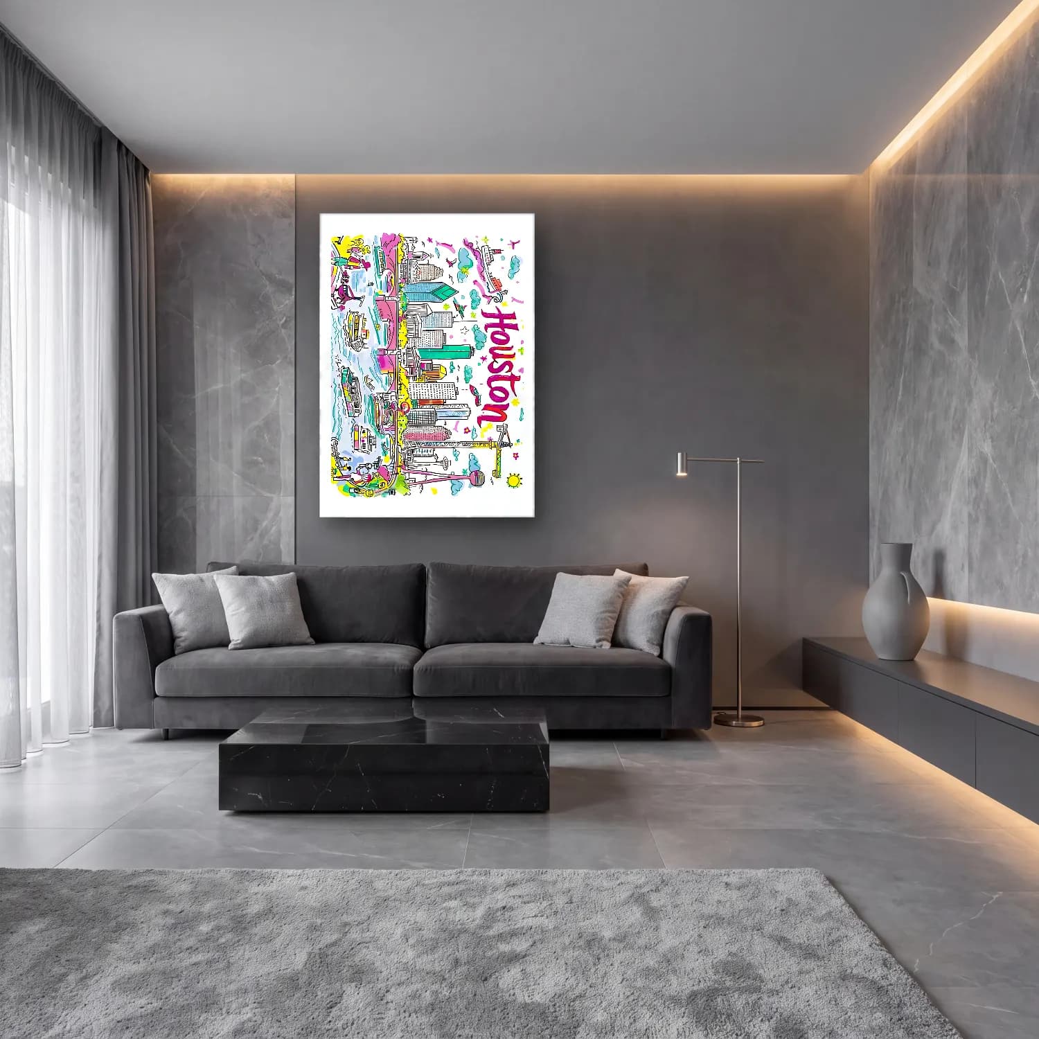 Maksimalist New York Silüeti No. 6 cam tablo — lüks salon duvarında