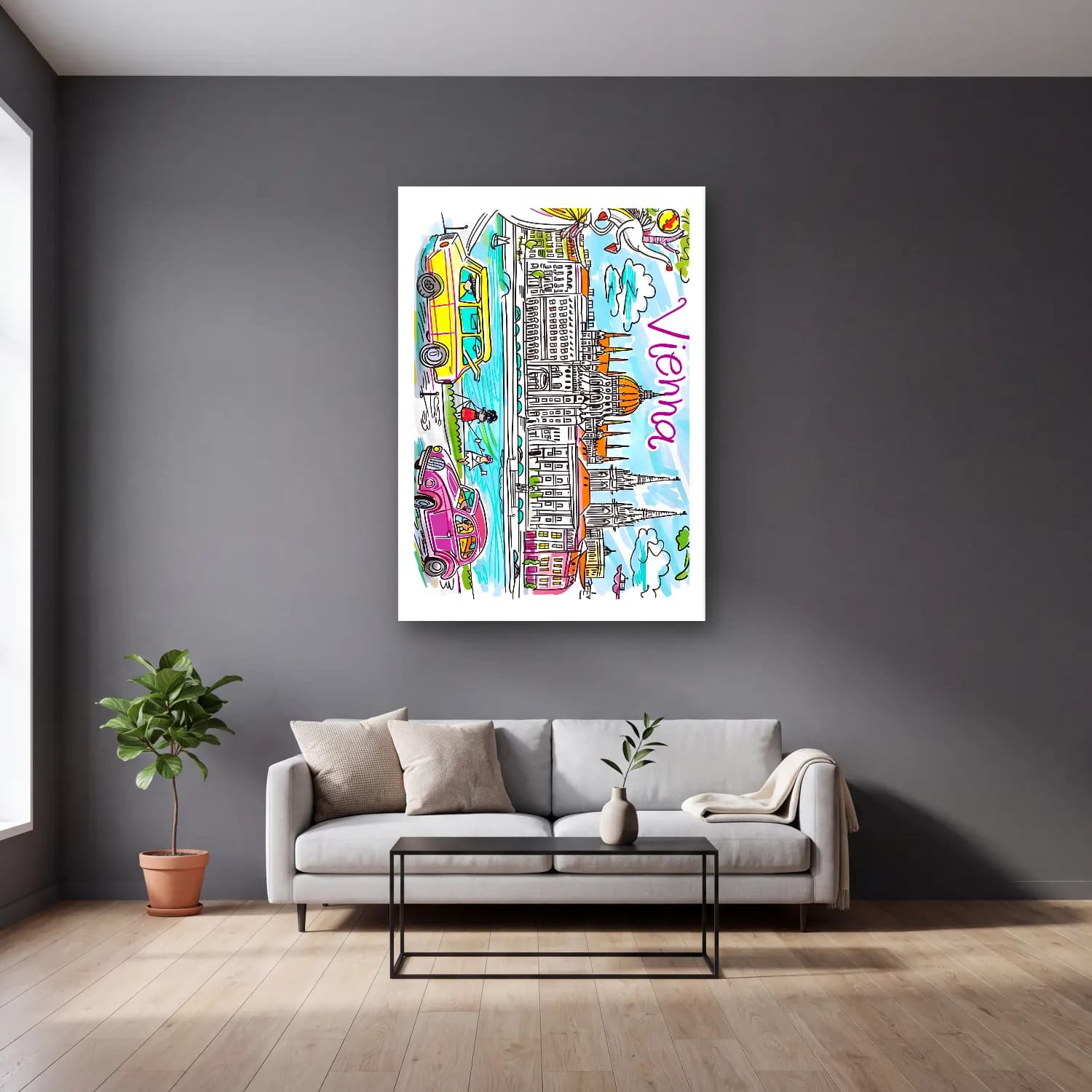 Pop Art Londra No. 5 cam tablo — gri duvarlı salonda