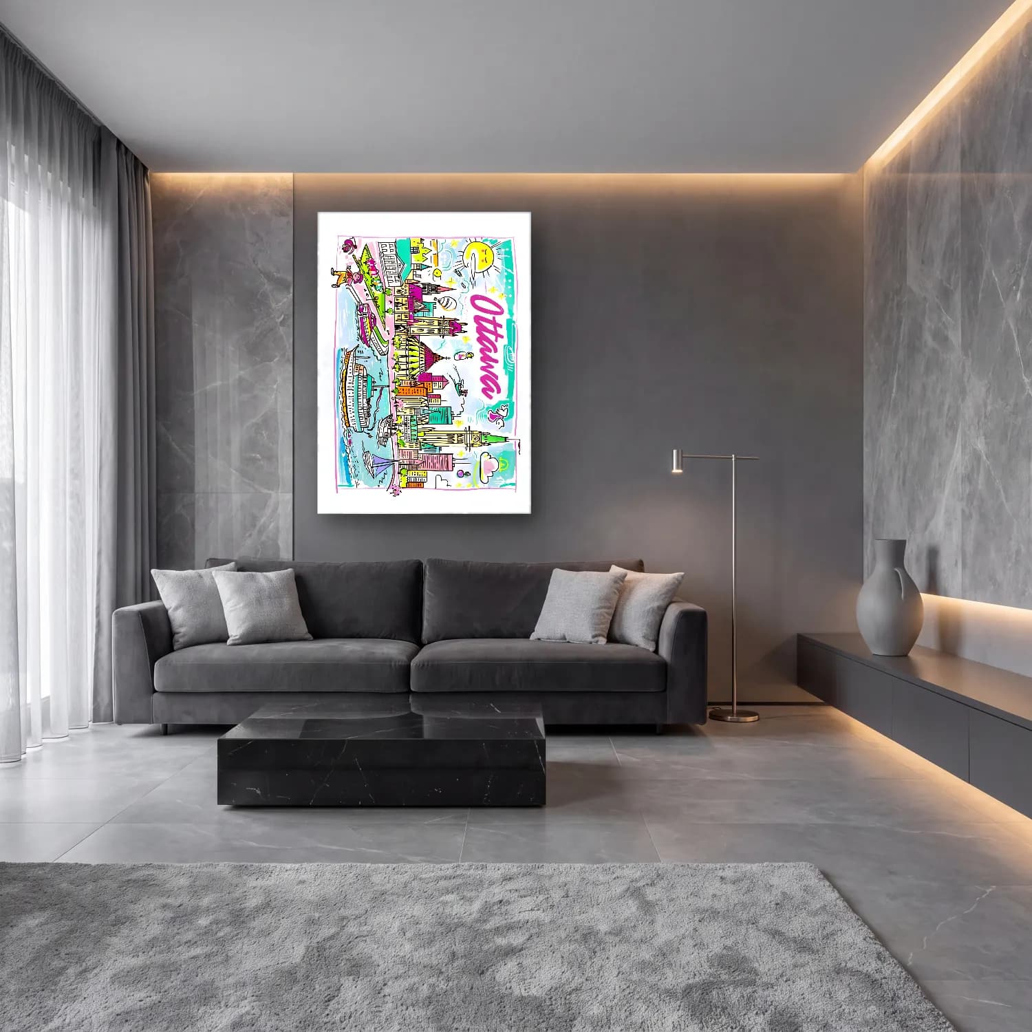 Maksimalist New York Silüeti No. 7 cam tablo — lüks salon duvarında