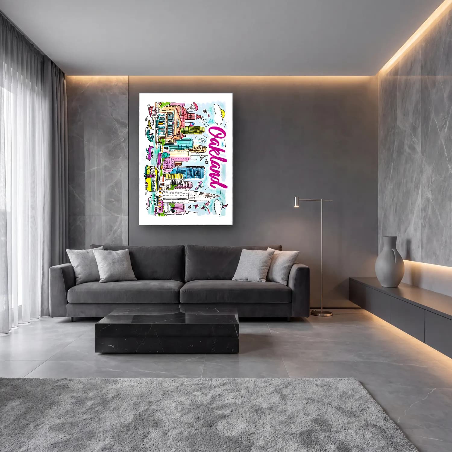 Maksimalist New York Silüeti No. 9 cam tablo — lüks salon duvarında