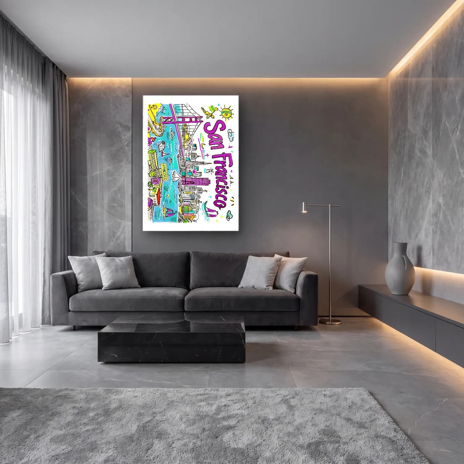 Pop Art Venedik Kanalları cam tablo — lüks salon duvarında