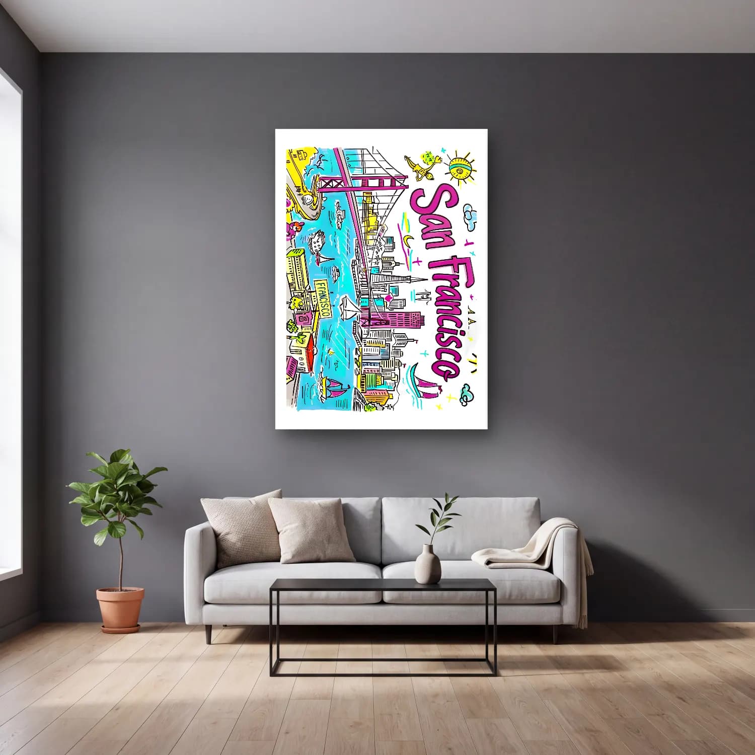 Pop Art Venedik Kanalları cam tablo — gri duvarlı salonda