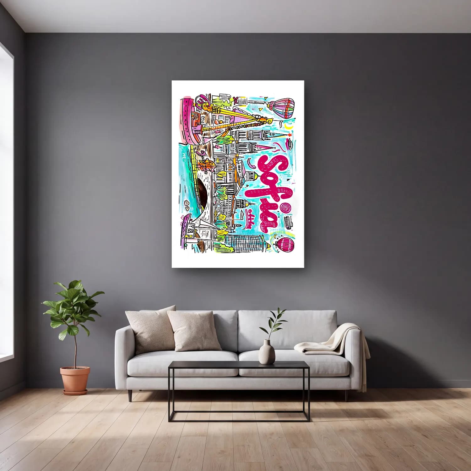 Pop Art Londra No. 6 cam tablo — gri duvarlı salonda