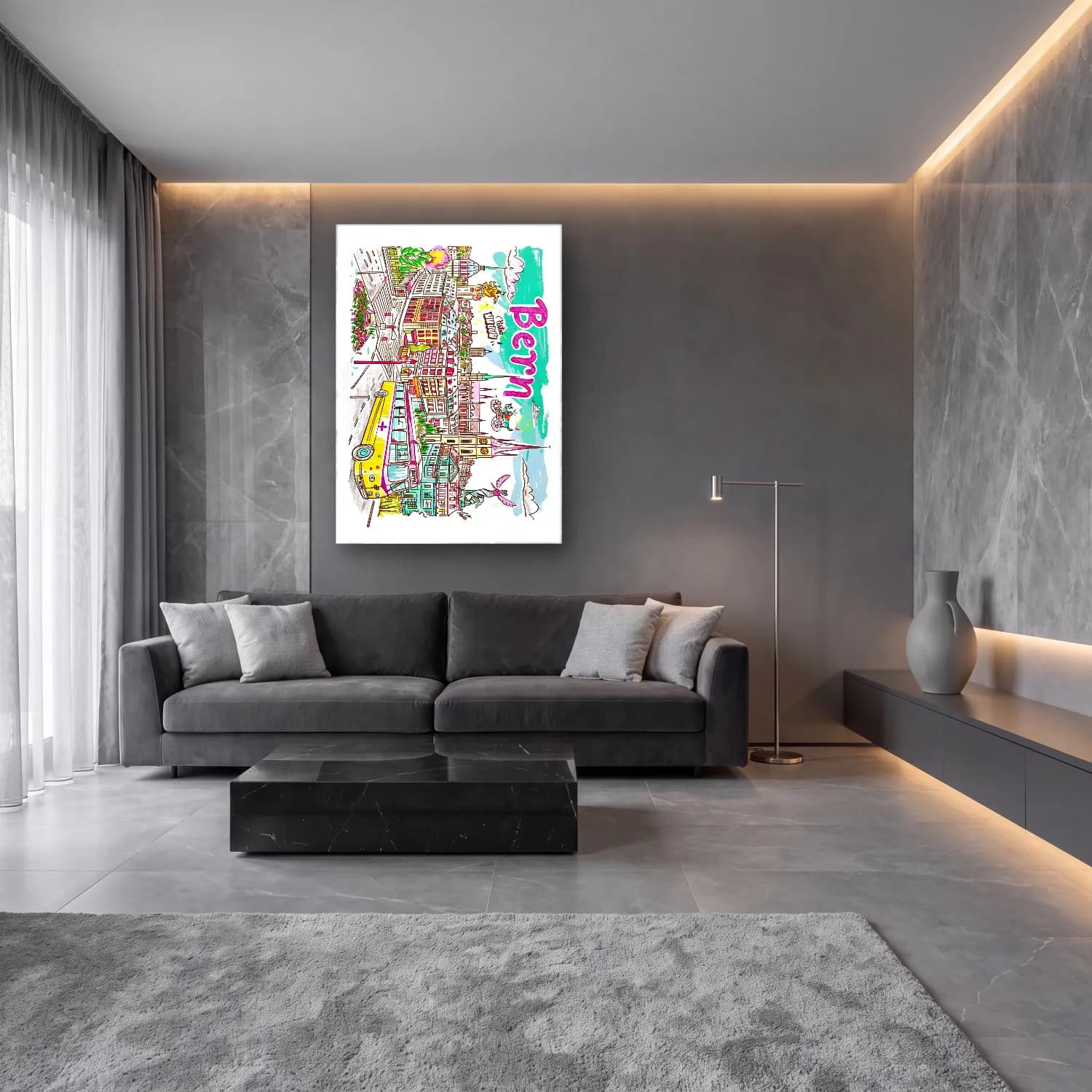 Pop Art İstanbul – Turkuaz Tonlar cam tablo — lüks salon duvarında