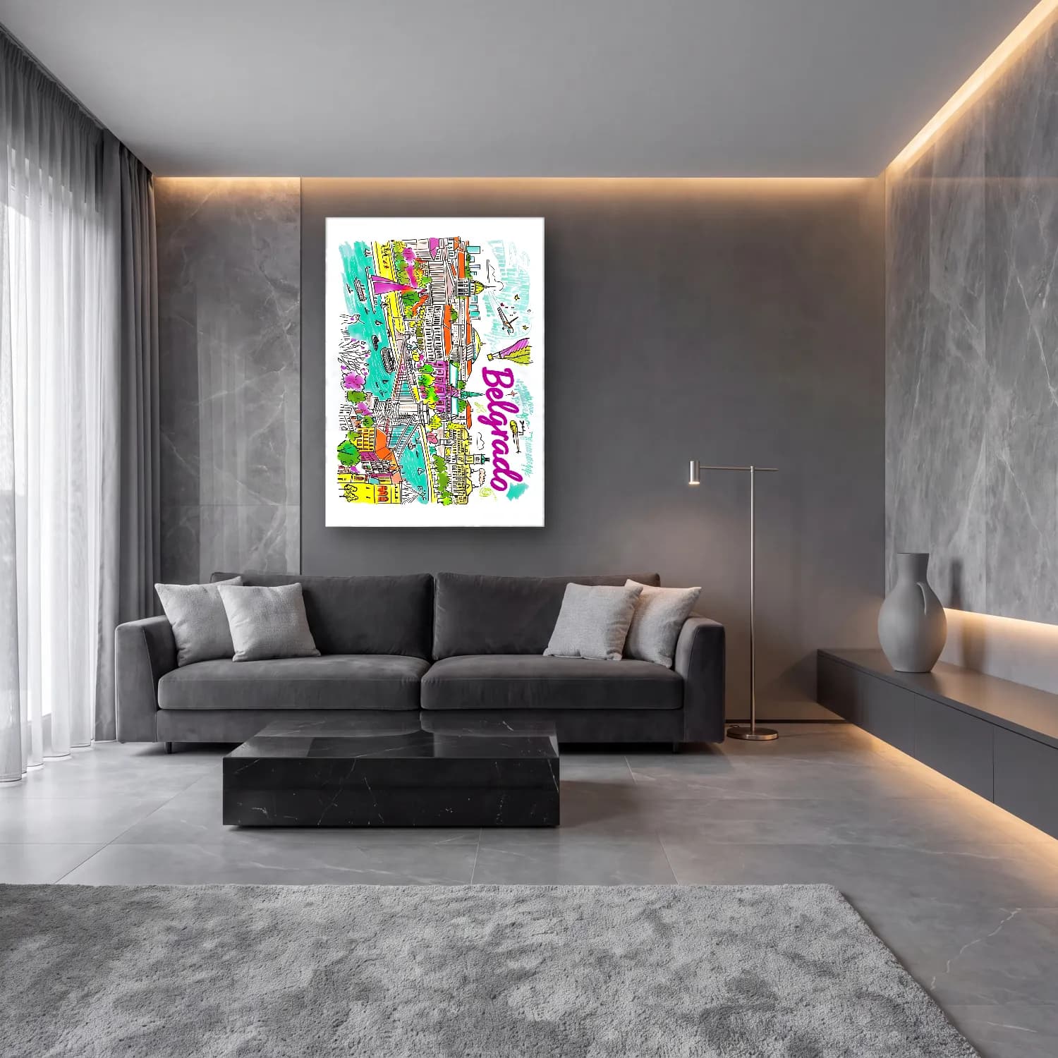 Maksimalist İstanbul No. 8 cam tablo — lüks salon duvarında