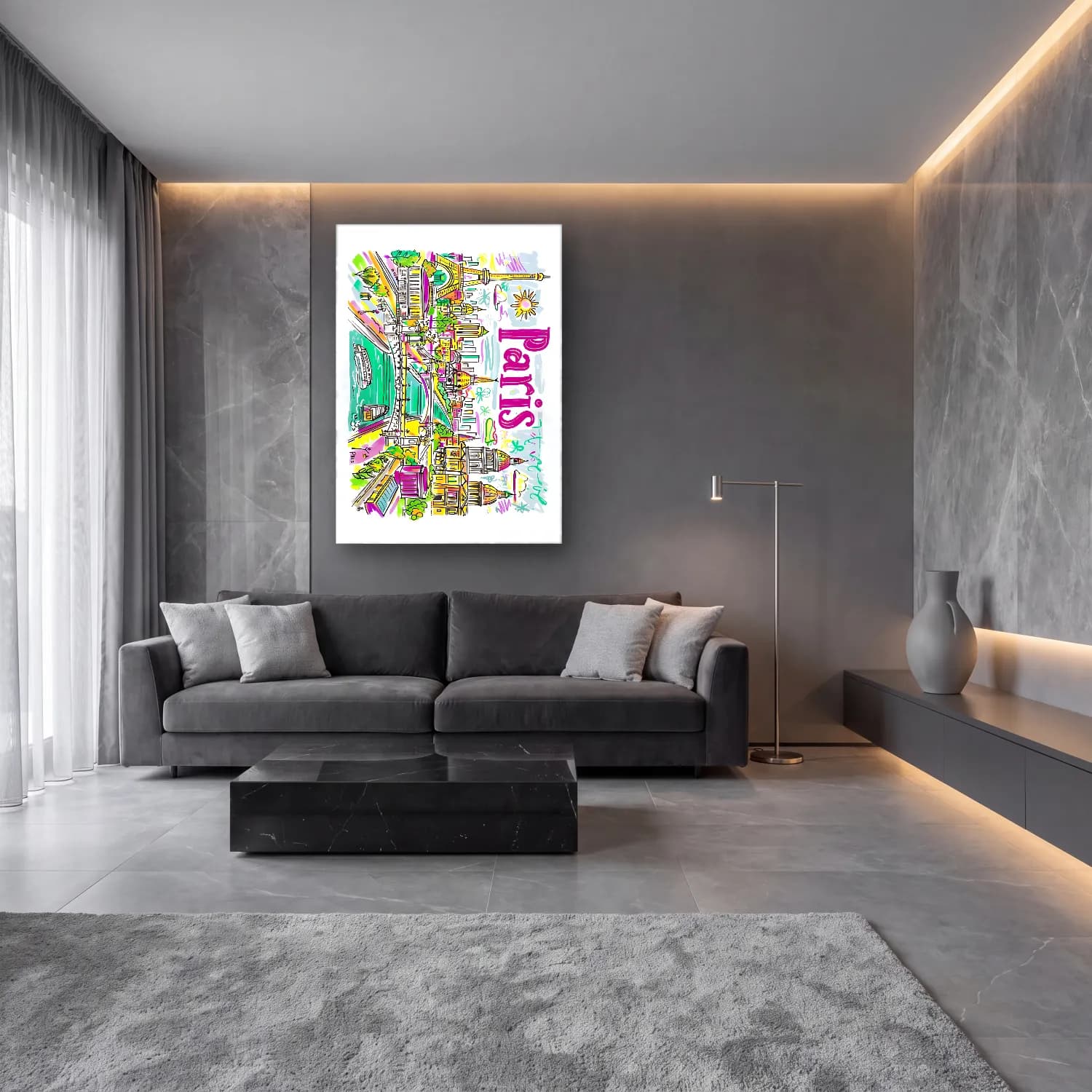 Maksimalist Paris ve Eyfel Kulesi No. 5 cam tablo — lüks salon duvarında