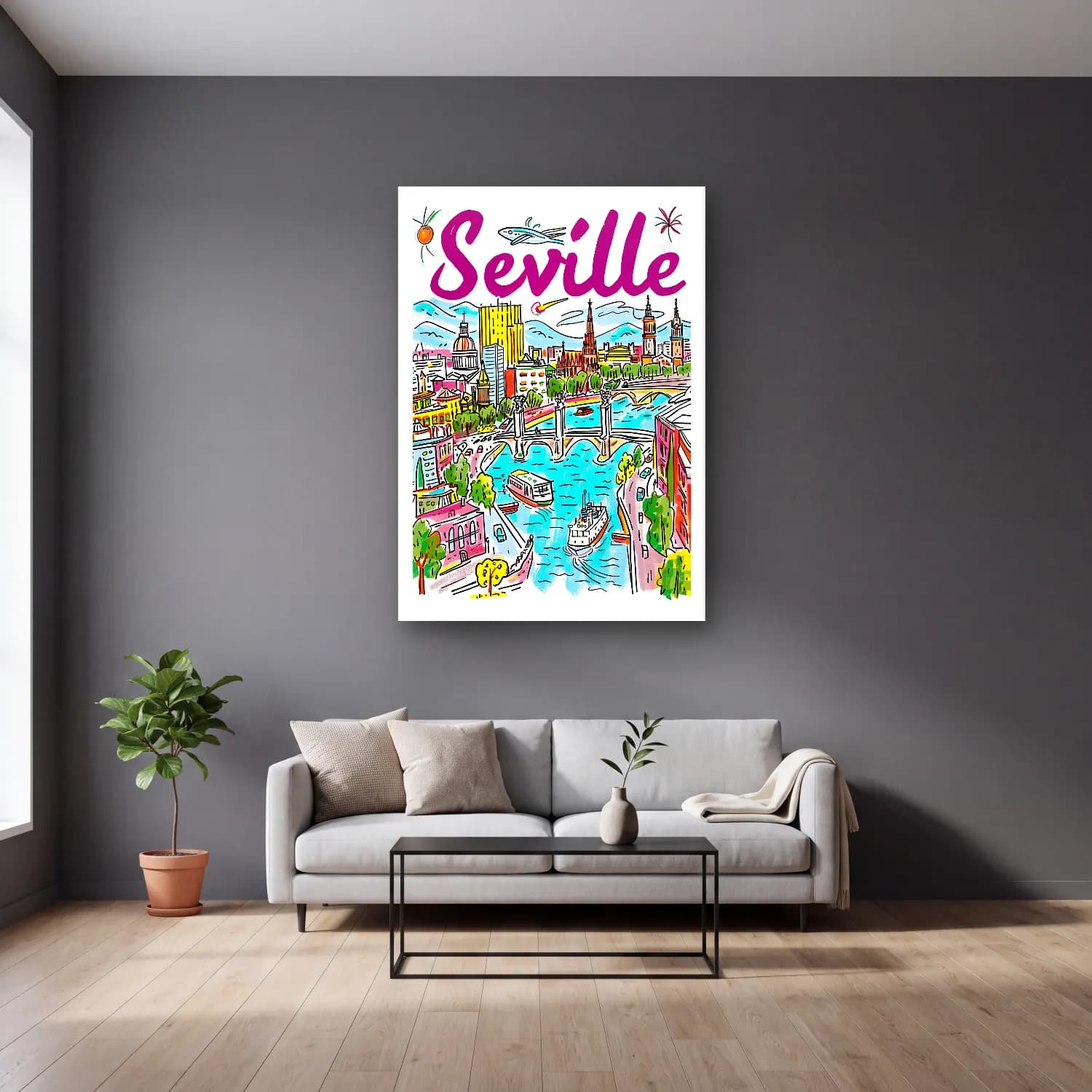 Vintage Poster Akdeniz Sahil Kasabası No. 24 cam tablo — gri duvarlı salonda