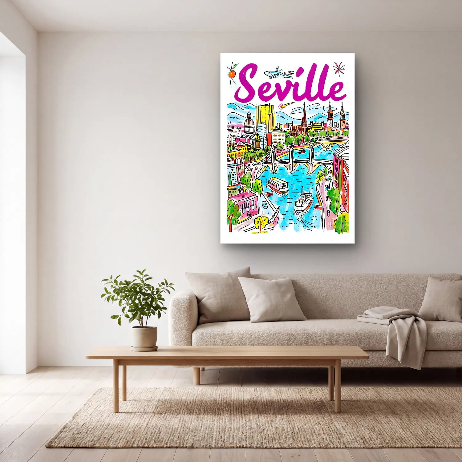 Vintage Poster Akdeniz Sahil Kasabası No. 24 cam tablo — açık renk salonda