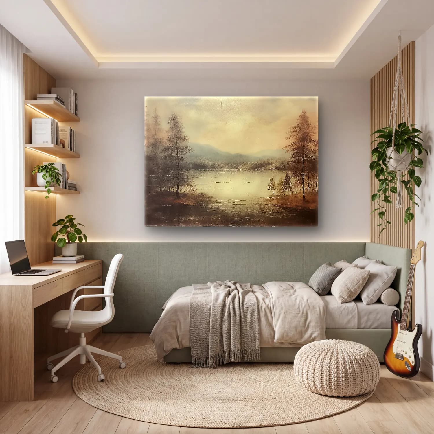 Yağlı Boya Göl ve Dağlar No. 34 cam tablo — genç odasında