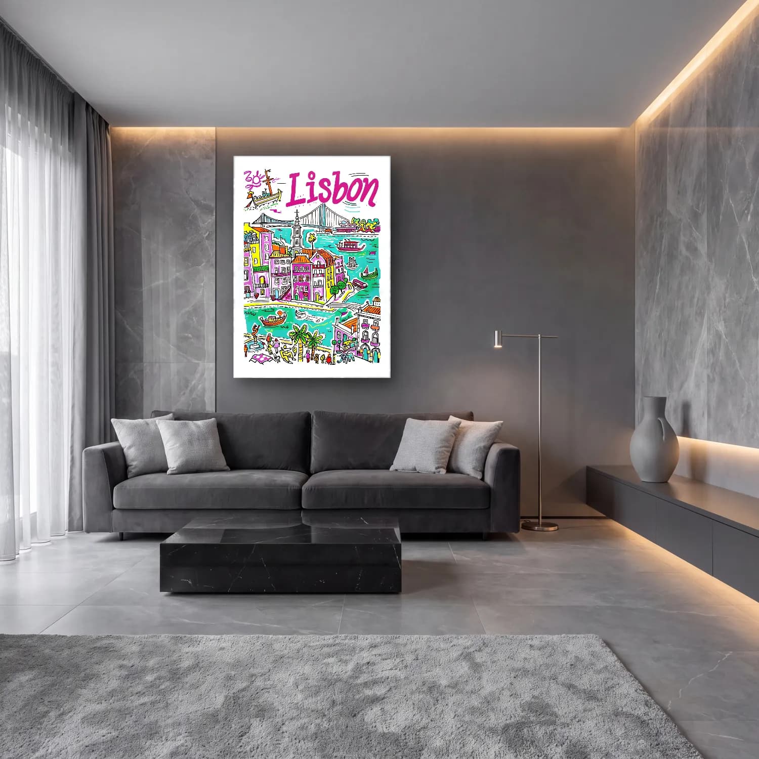Maksimalist Liman ve Tekneler No. 4 cam tablo — lüks salon duvarında