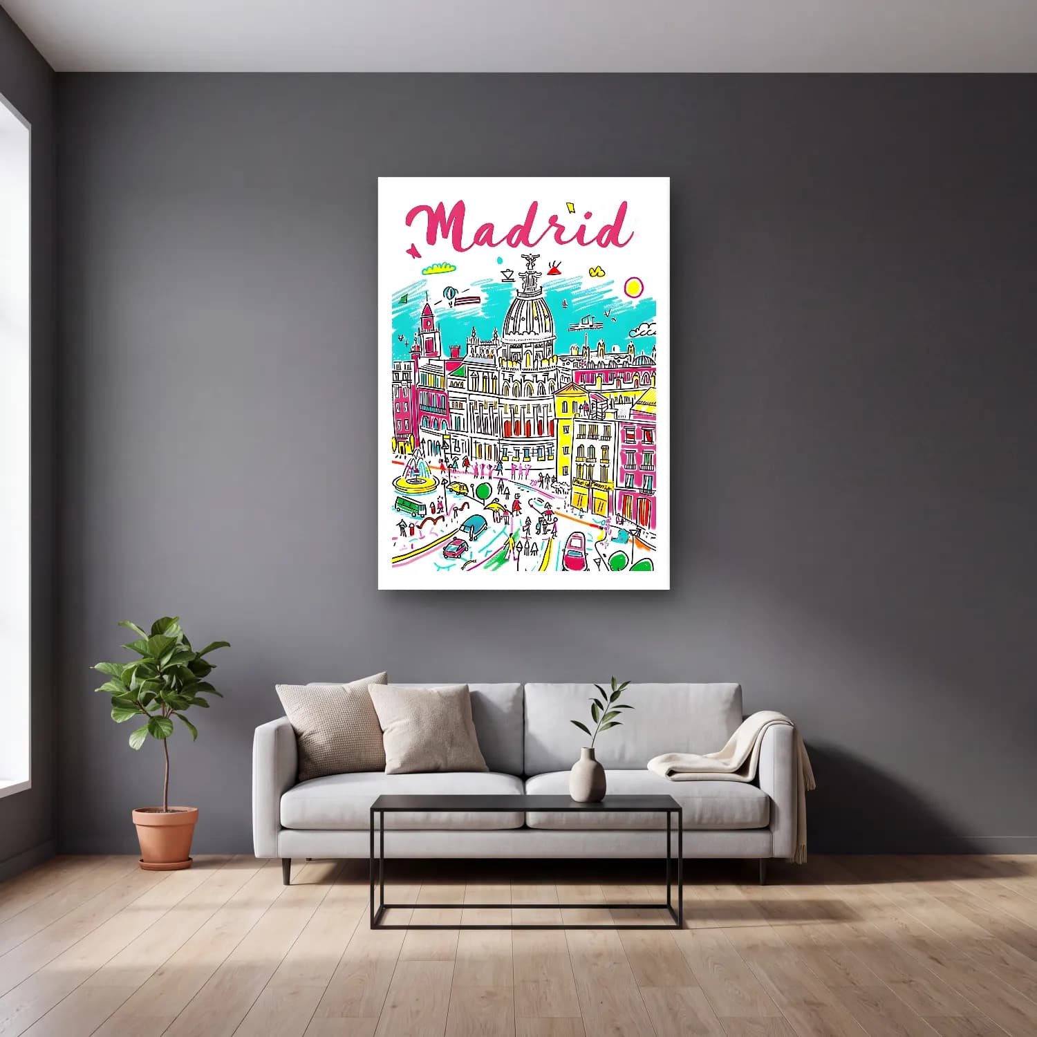 Maksimalist Londra No. 5 cam tablo — gri duvarlı salonda