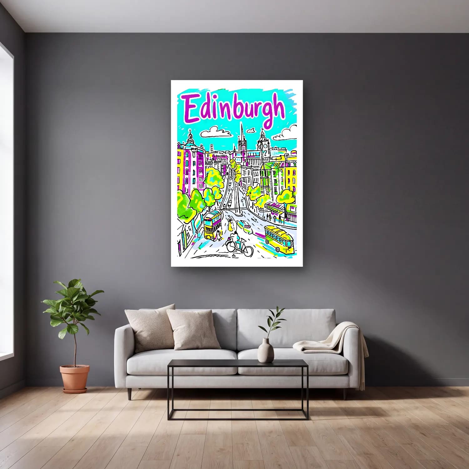 Pop Art Londra No. 7 cam tablo — gri duvarlı salonda