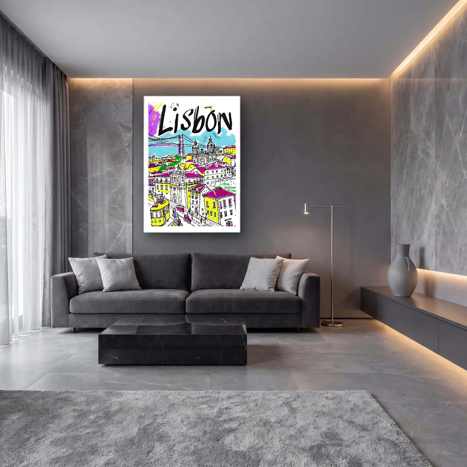 Maksimalist Akdeniz Sahil Kasabası No. 21 cam tablo — lüks salon duvarında