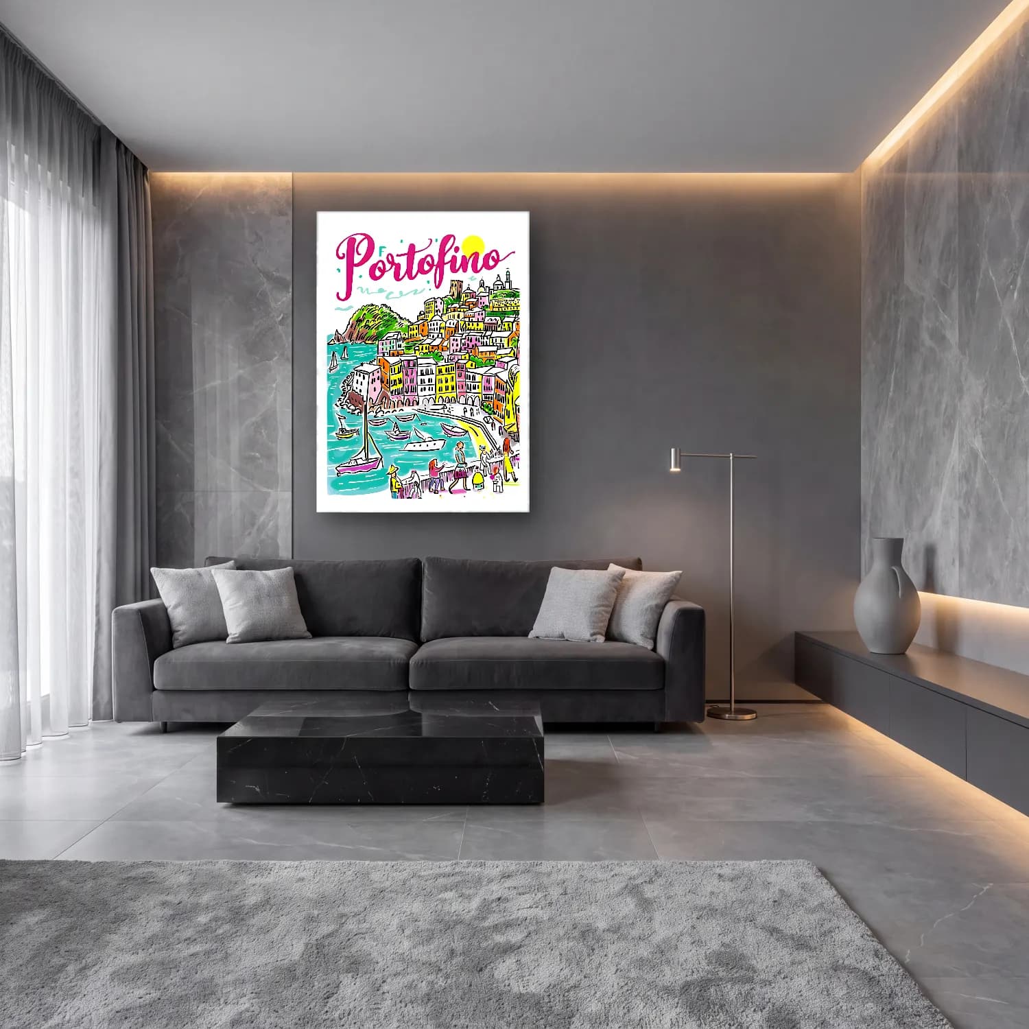 Pop Art Akdeniz Sahil Kasabası – Pembe Tonlar cam tablo — lüks salon duvarında