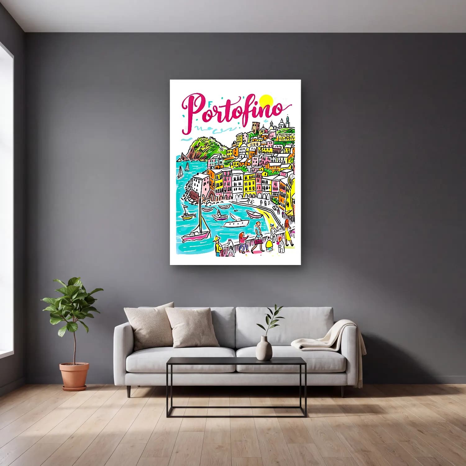 Pop Art Akdeniz Sahil Kasabası – Pembe Tonlar cam tablo — gri duvarlı salonda
