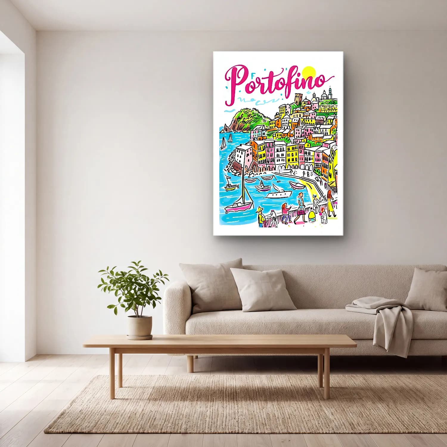 Pop Art Akdeniz Sahil Kasabası – Pembe Tonlar cam tablo — açık renk salonda