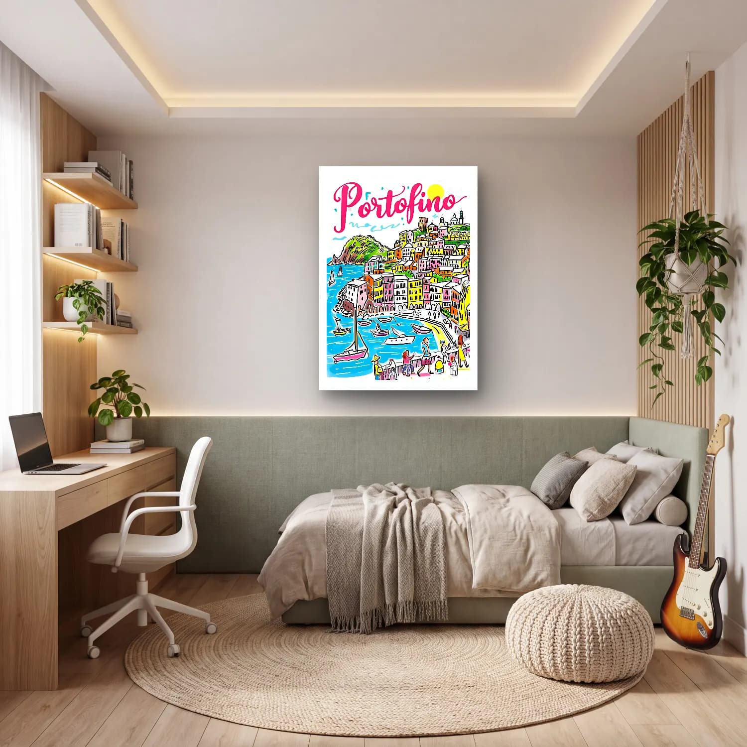 Pop Art Akdeniz Sahil Kasabası – Pembe Tonlar cam tablo — genç odasında