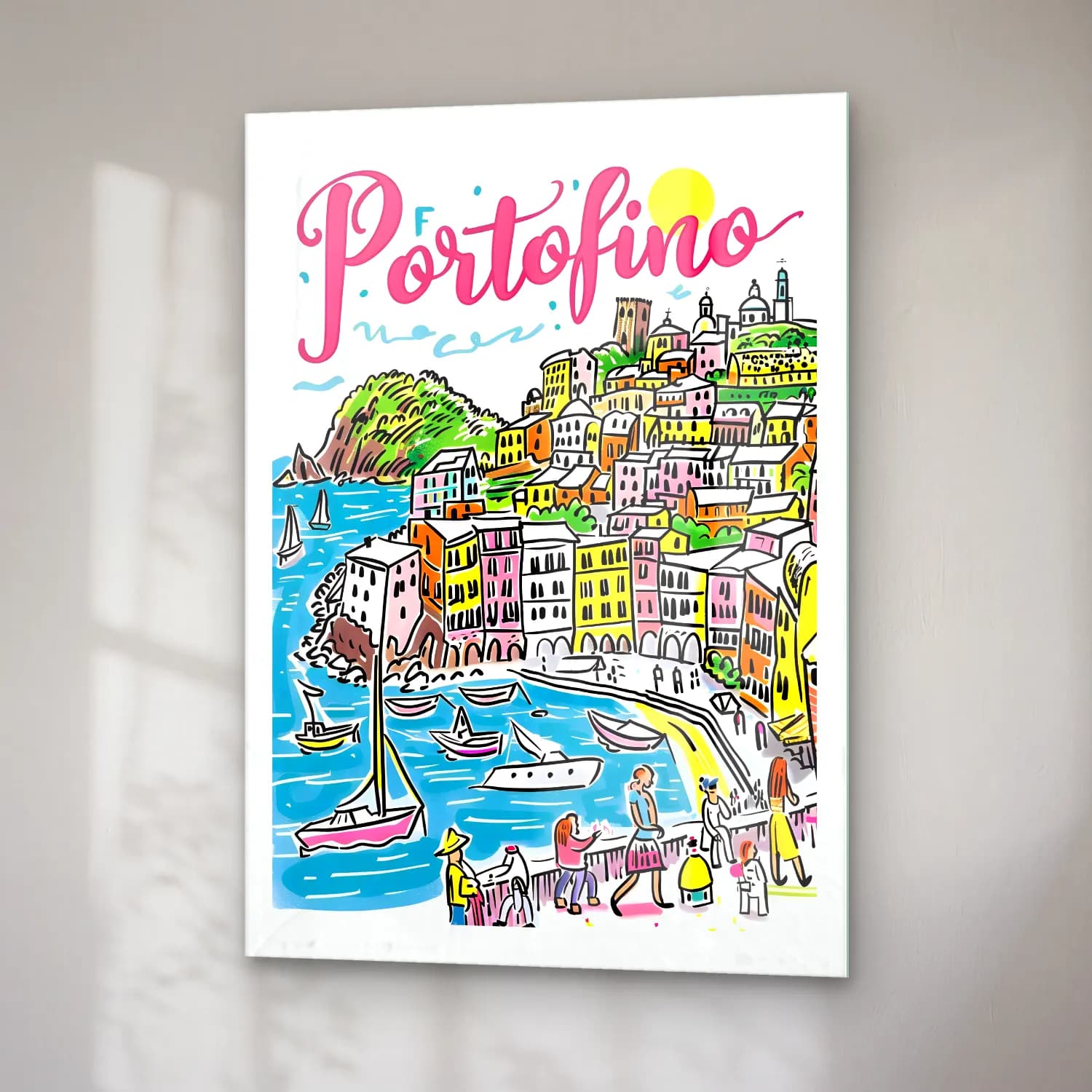 Pop Art Akdeniz Sahil Kasabası – Pembe Tonlar cam tablo — sağ açıdan görünüm