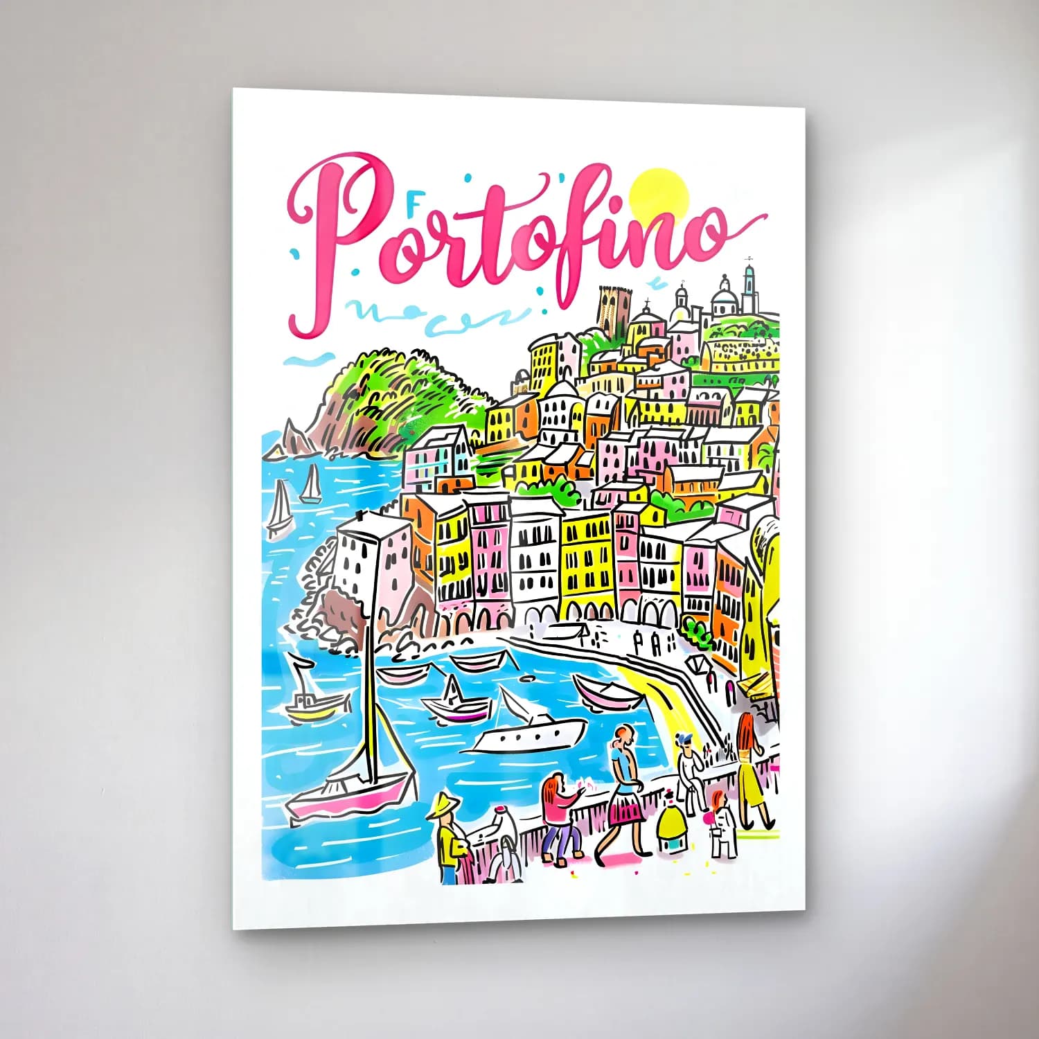 Pop Art Akdeniz Sahil Kasabası – Pembe Tonlar cam tablo — sol açıdan görünüm