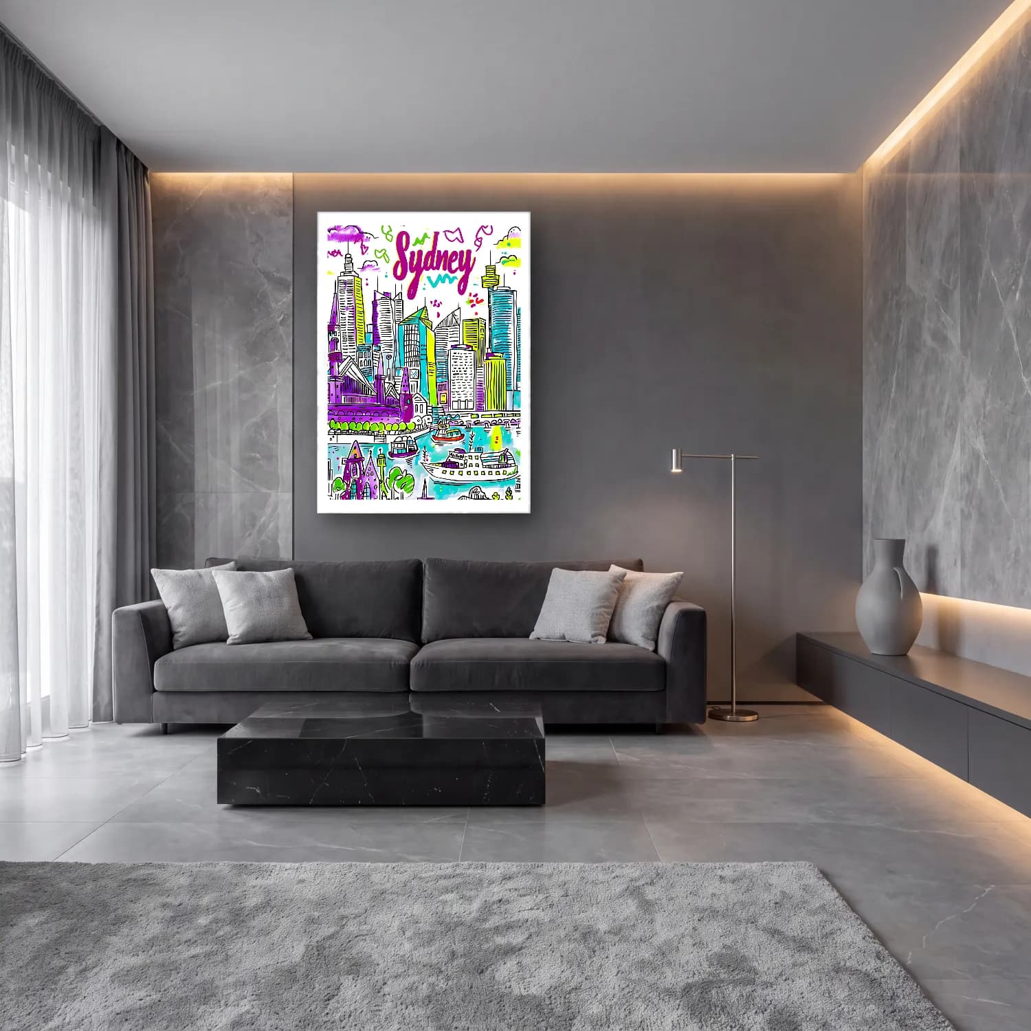 Maksimalist New York Silüeti No. 11 cam tablo — lüks salon duvarında