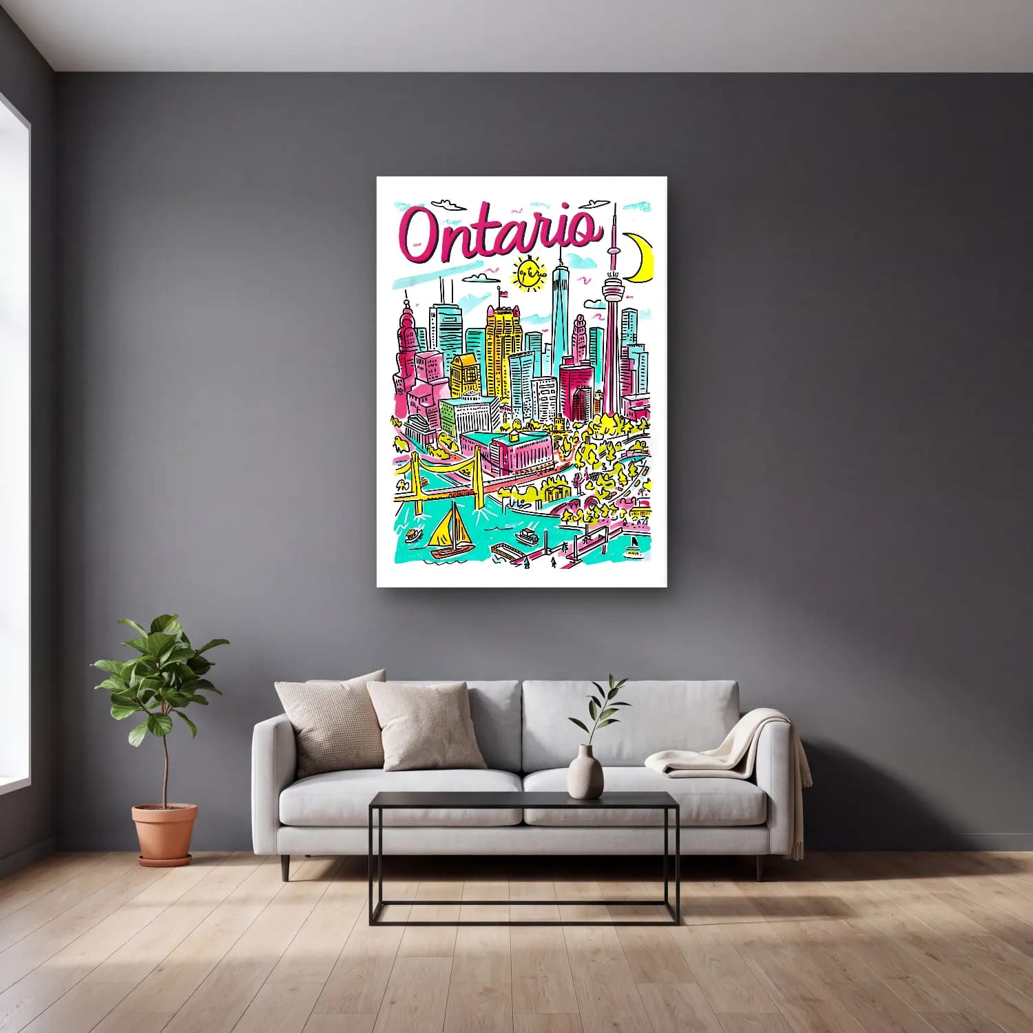 Maksimalist New York Silüeti No. 12 cam tablo — gri duvarlı salonda