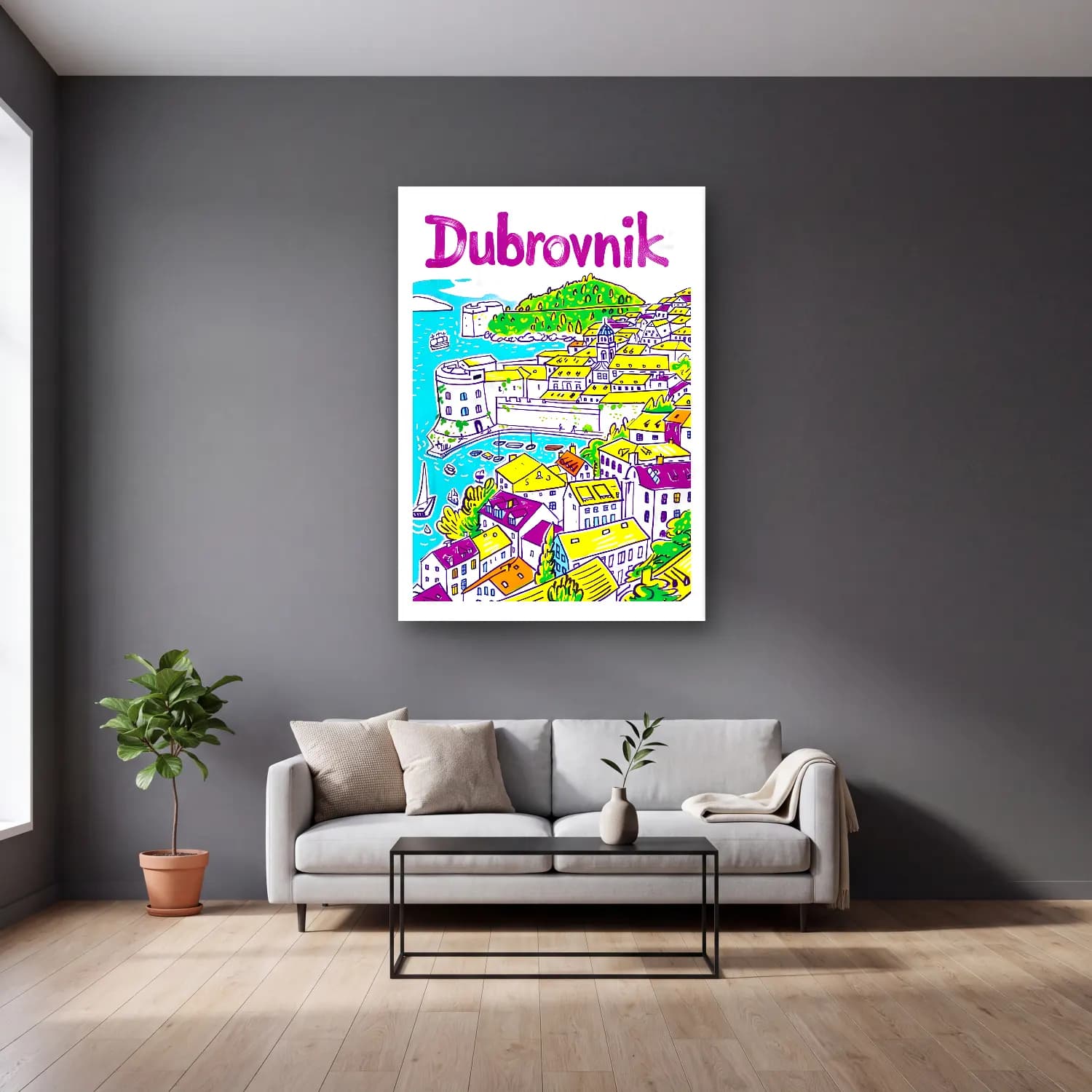 Vintage Poster Akdeniz Sahil Kasabası No. 25 cam tablo — gri duvarlı salonda