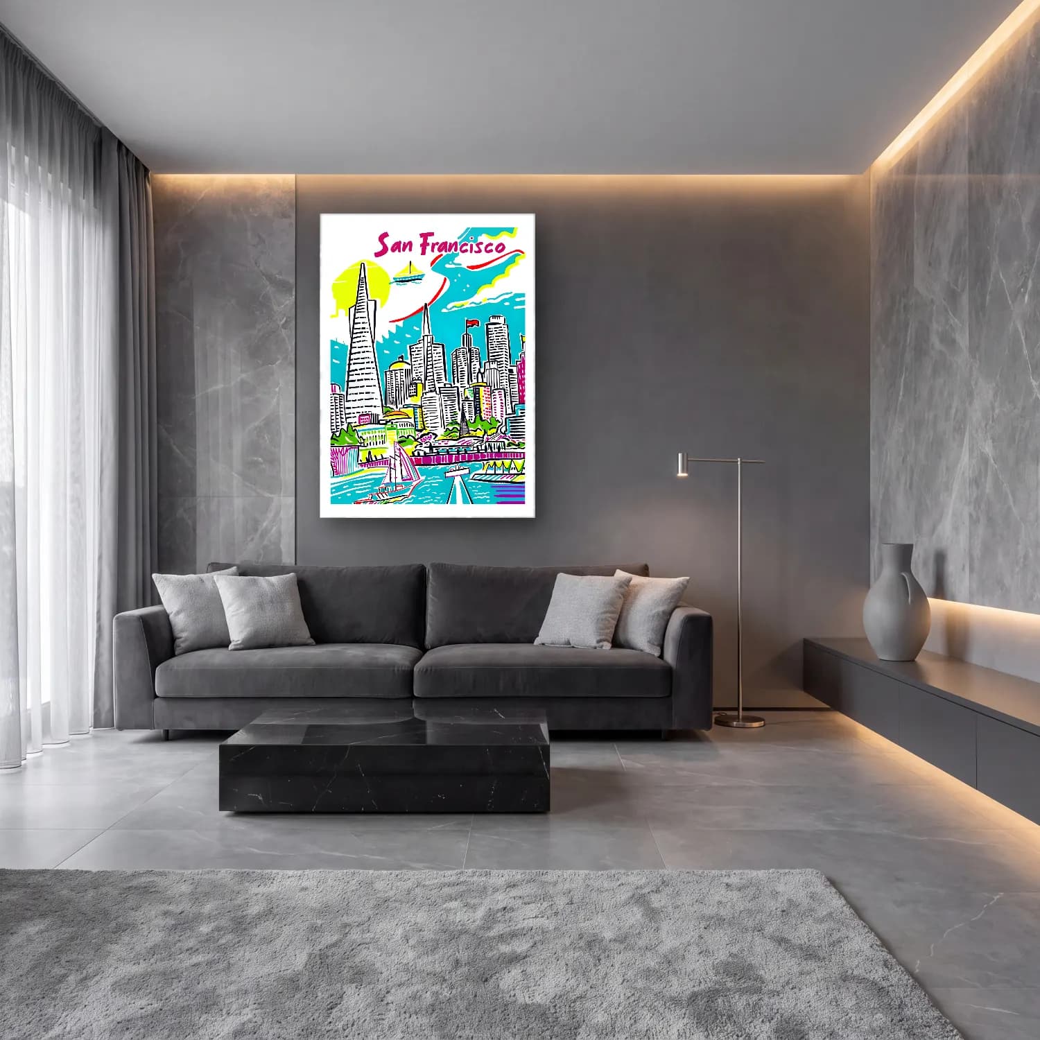 Pop Art Japon Şehri – Sarı Tonlar cam tablo — lüks salon duvarında