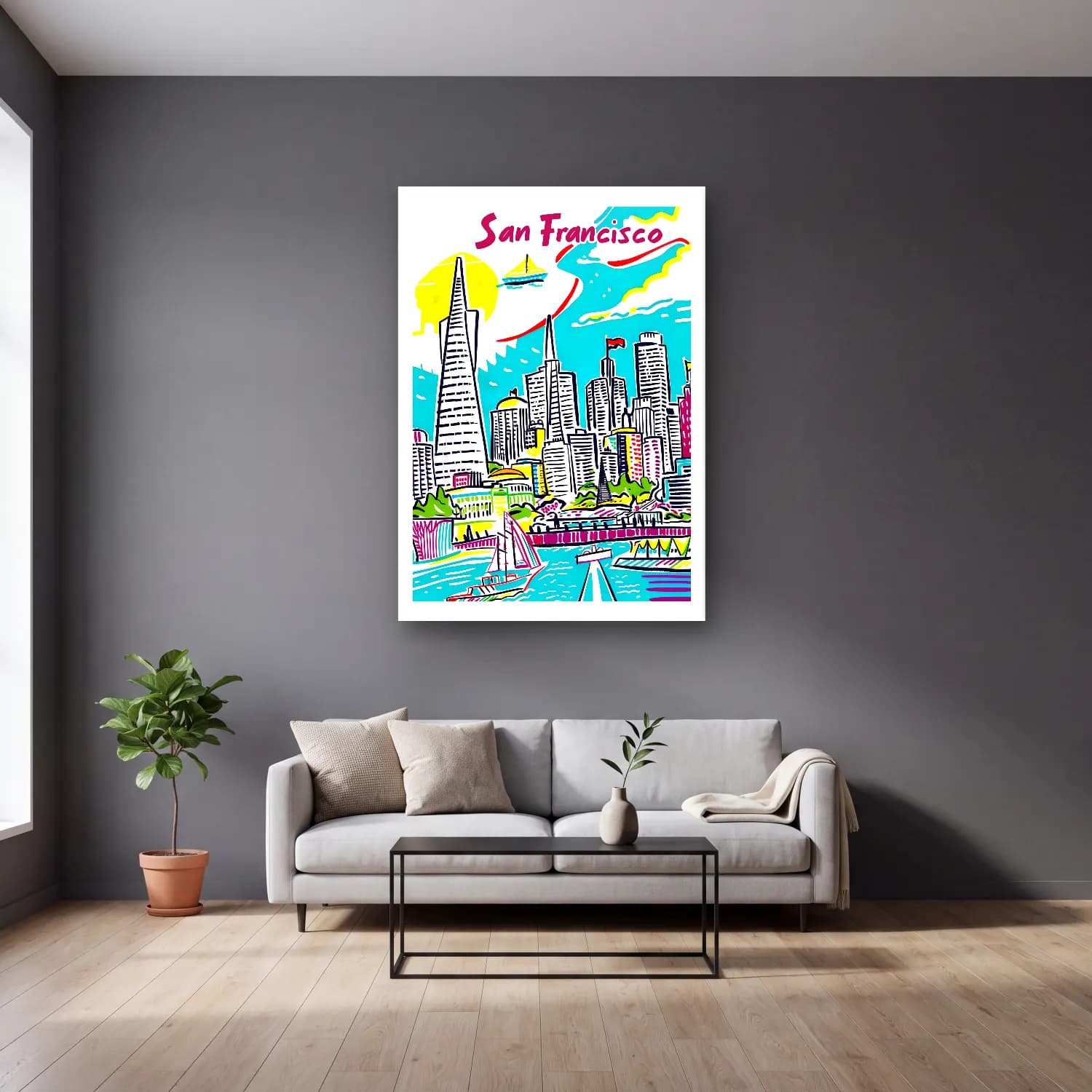 Pop Art Japon Şehri – Sarı Tonlar cam tablo — gri duvarlı salonda