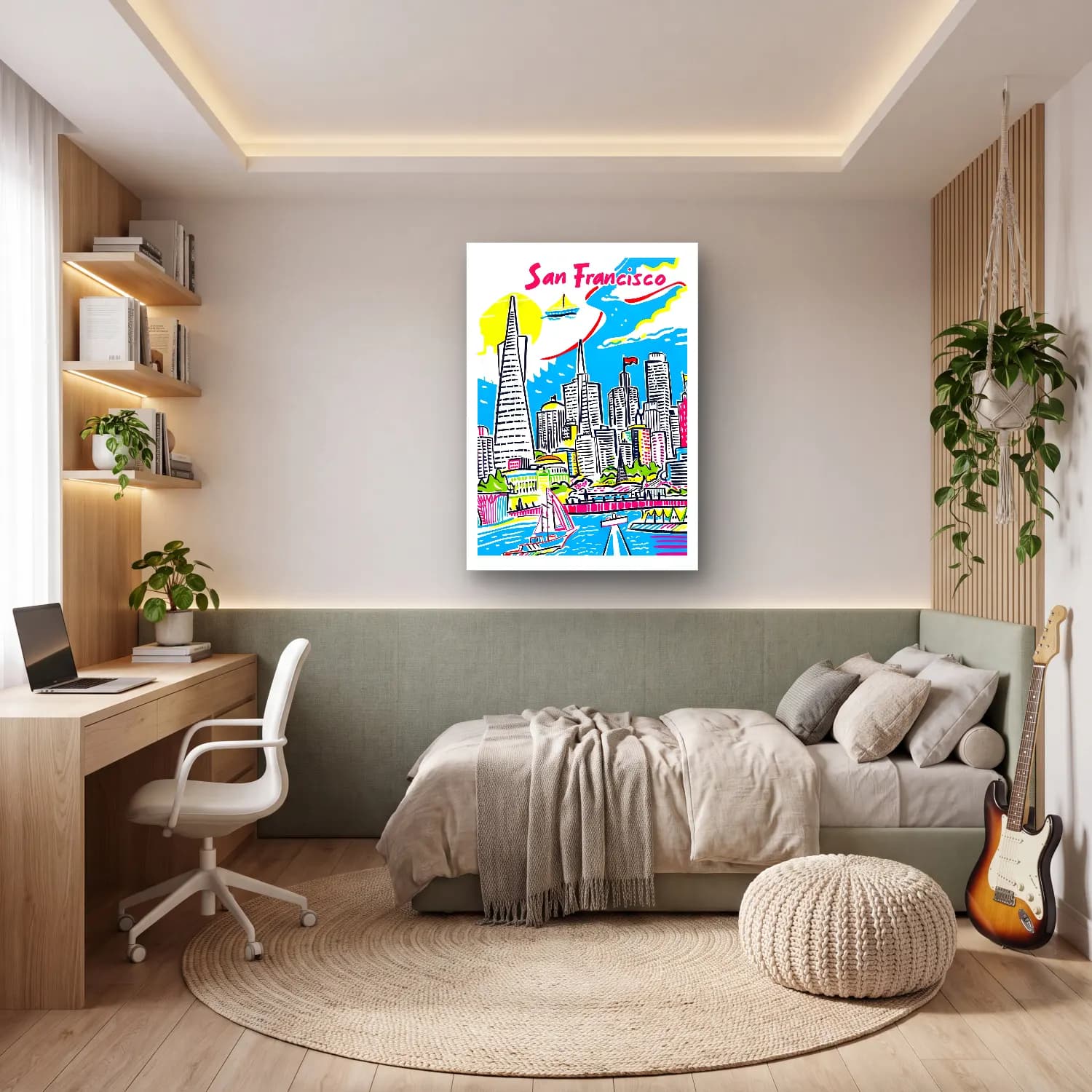 Pop Art Japon Şehri – Sarı Tonlar cam tablo — genç odasında