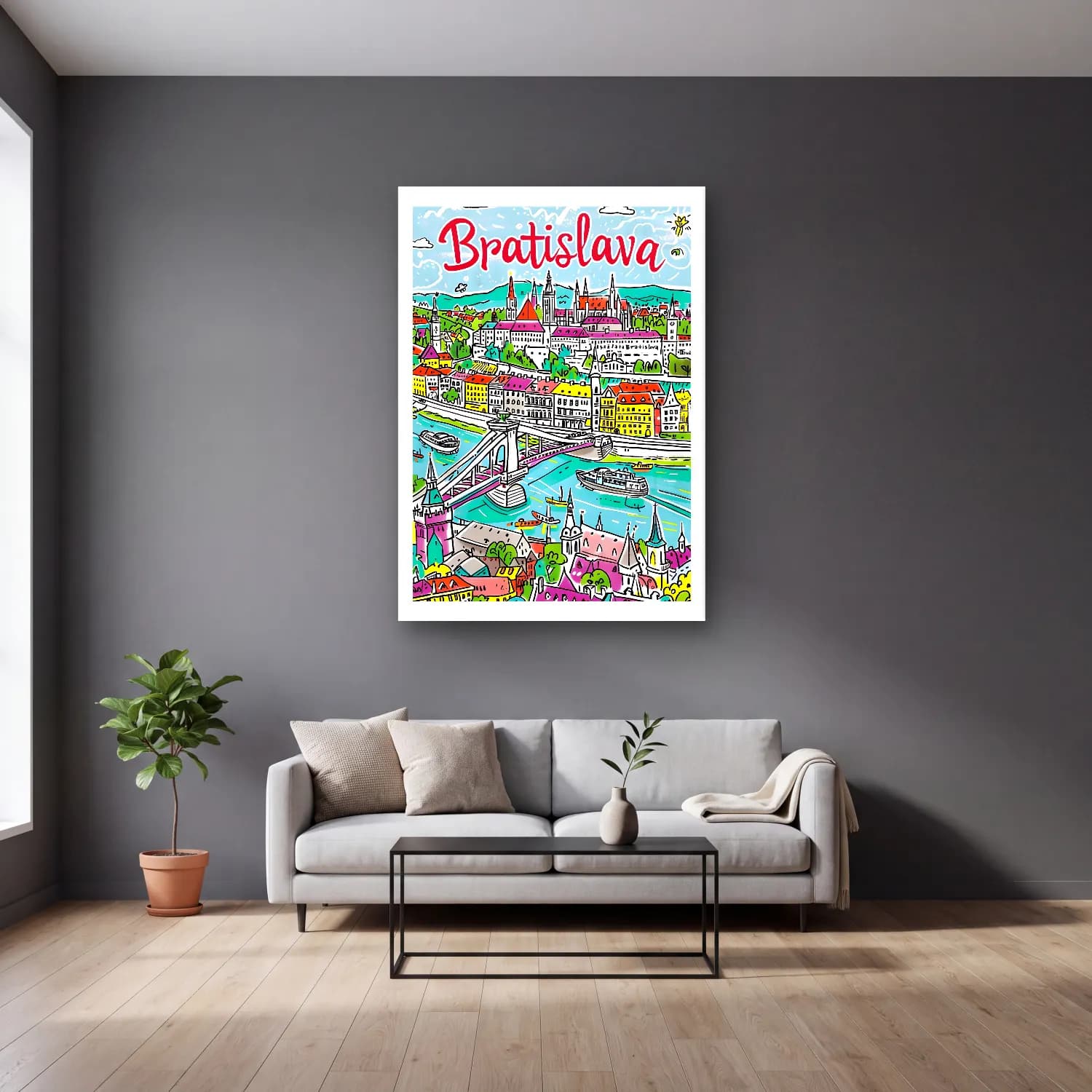Maksimalist İstanbul No. 10 cam tablo — gri duvarlı salonda
