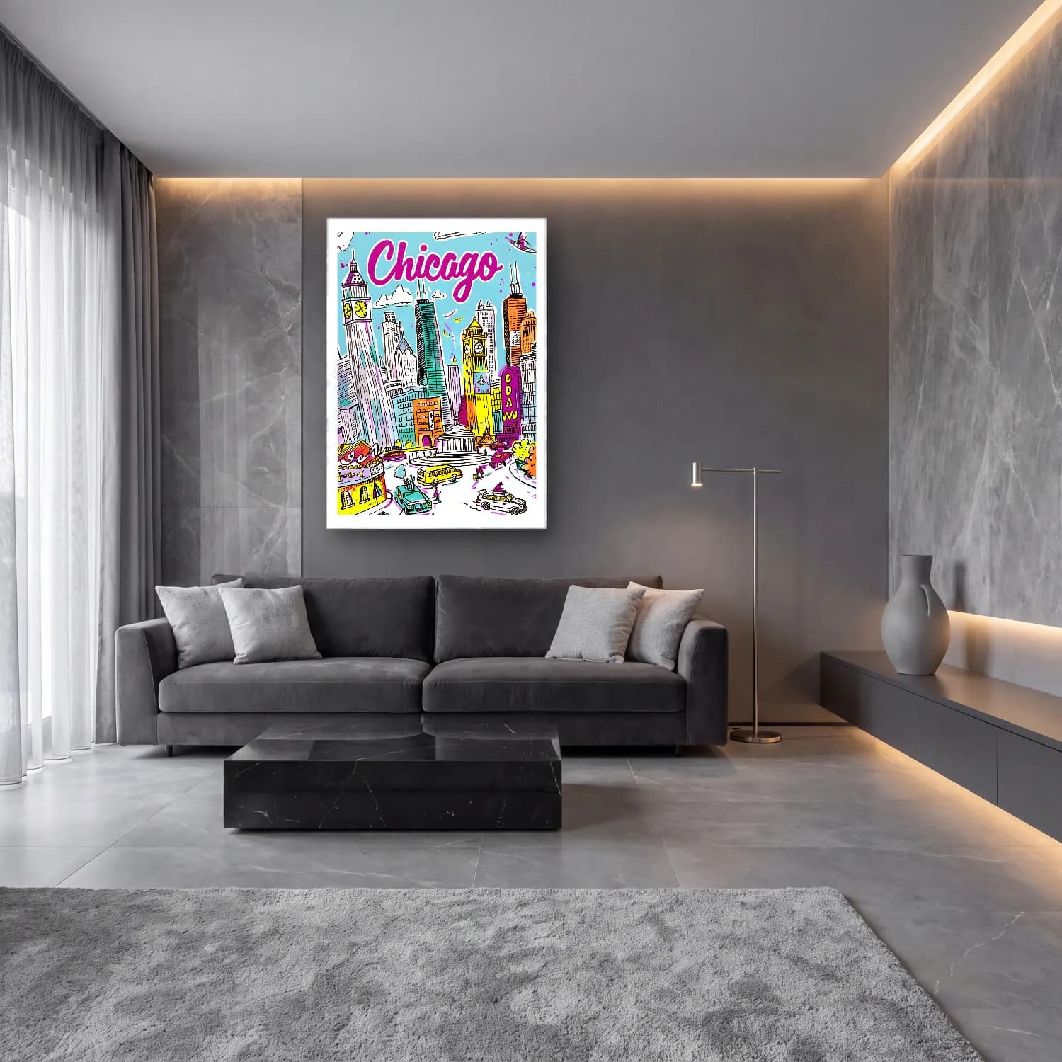 Pop Art New York Silüeti No. 7 cam tablo — lüks salon duvarında
