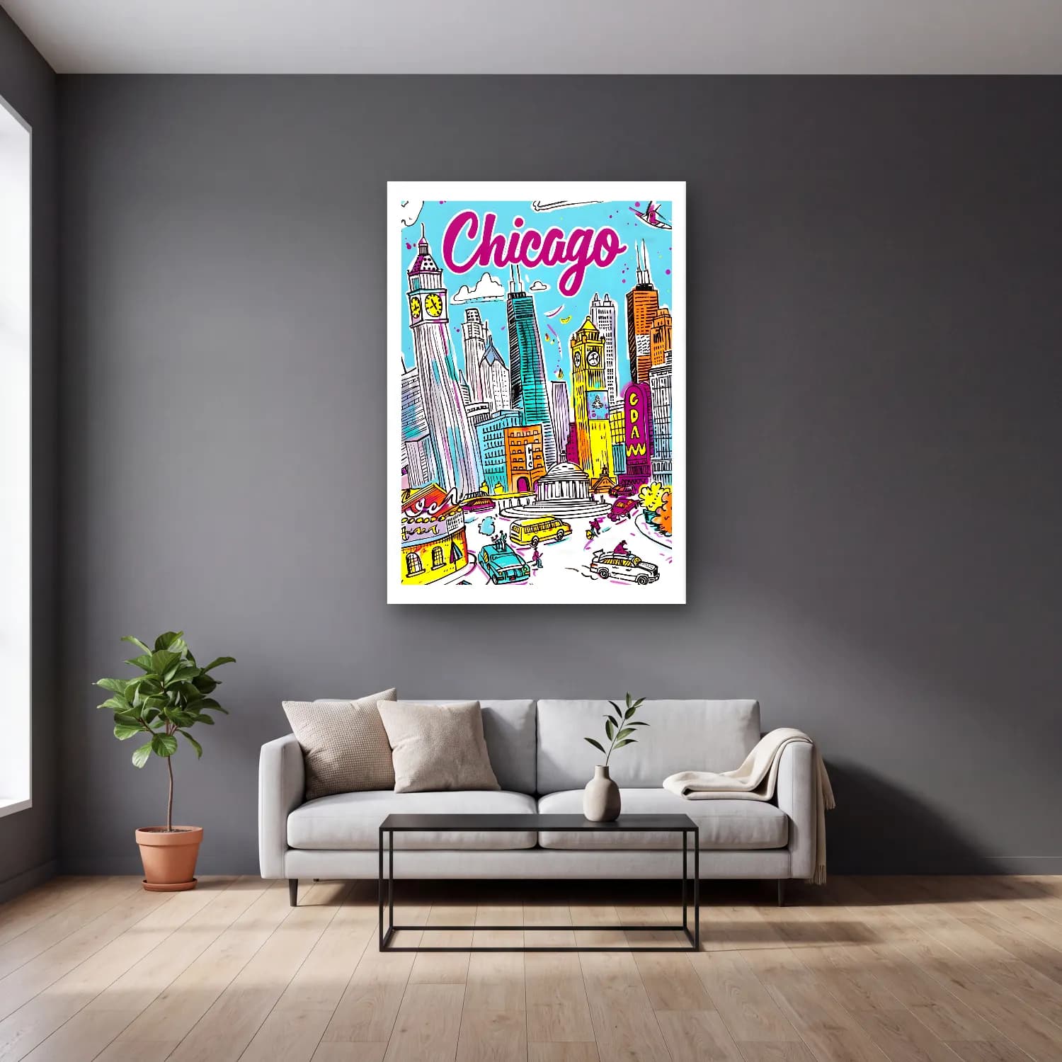 Pop Art New York Silüeti No. 7 cam tablo — gri duvarlı salonda