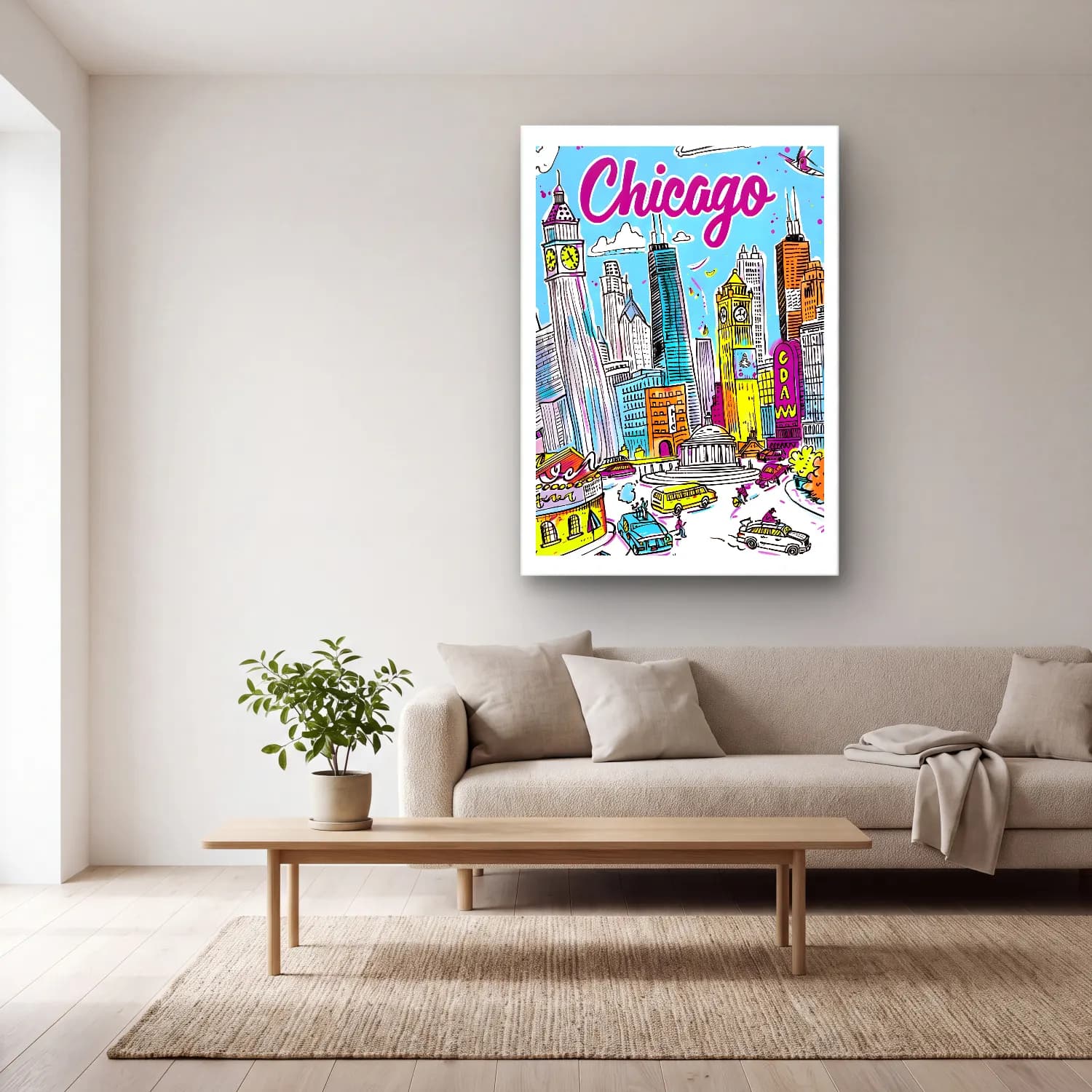 Pop Art New York Silüeti No. 7 cam tablo — açık renk salonda