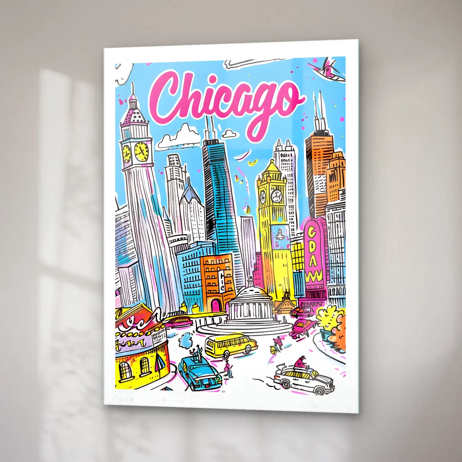 Pop Art New York Silüeti No. 7 cam tablo — sağ açıdan görünüm