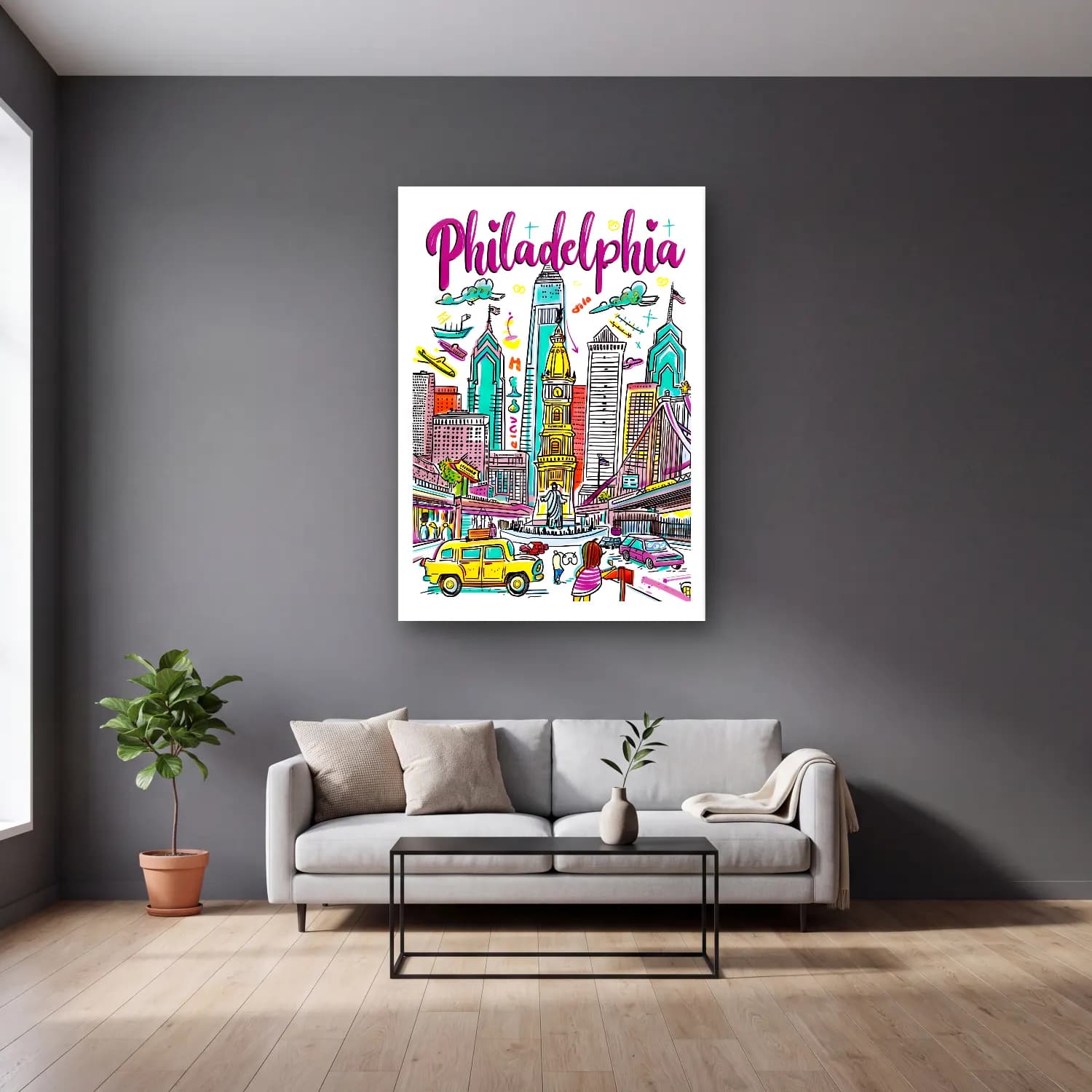 Maksimalist New York Silüeti No. 13 cam tablo — gri duvarlı salonda
