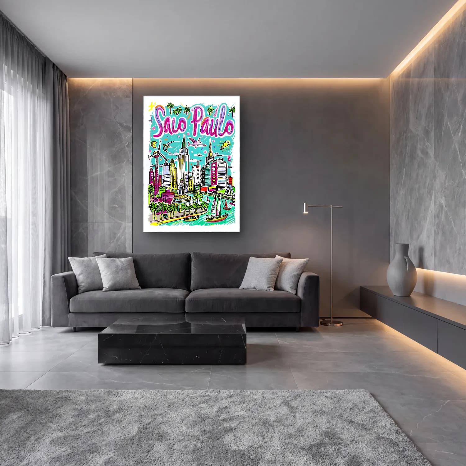 Maksimalist New York Silüeti No. 16 cam tablo — lüks salon duvarında