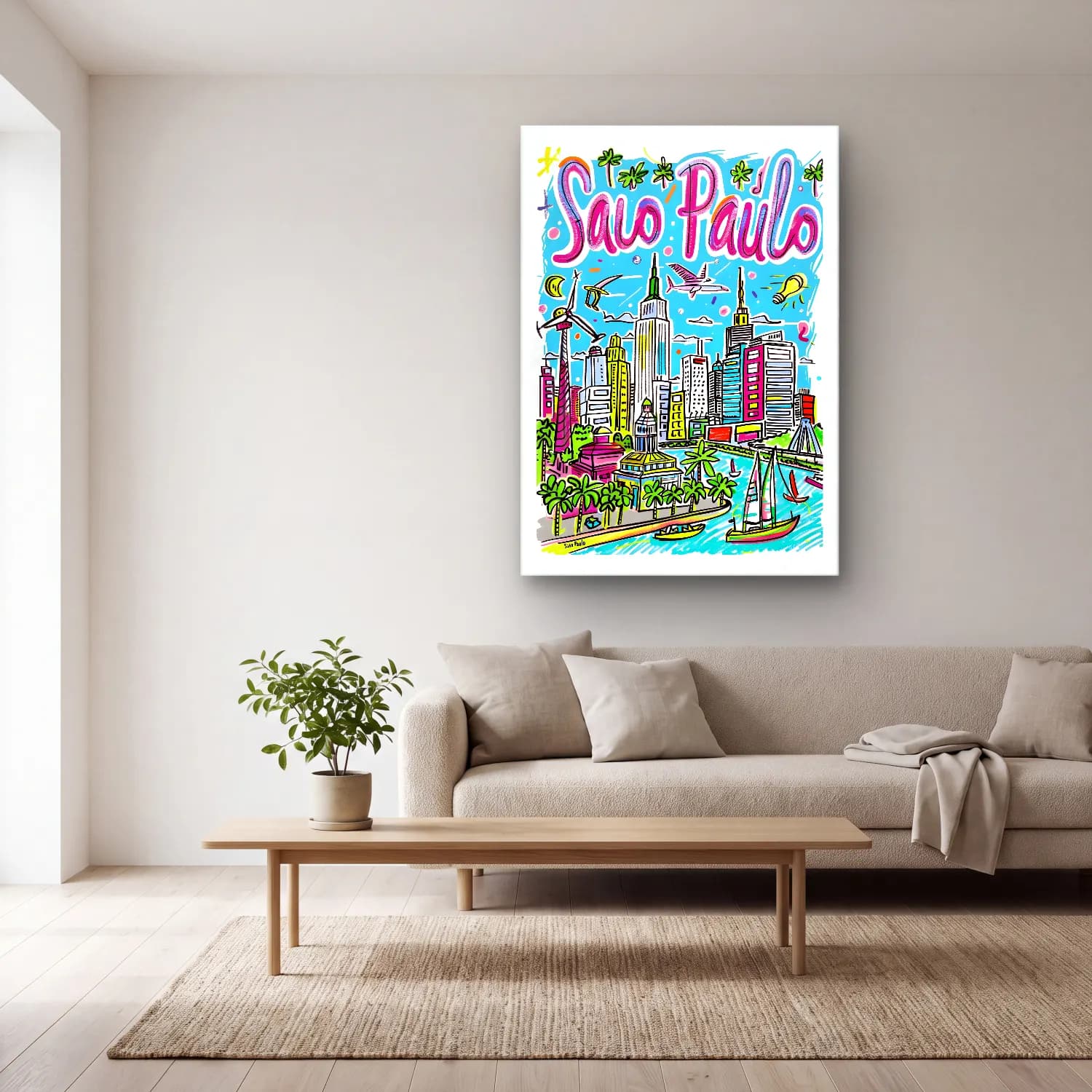 Maksimalist New York Silüeti No. 16 cam tablo — açık renk salonda