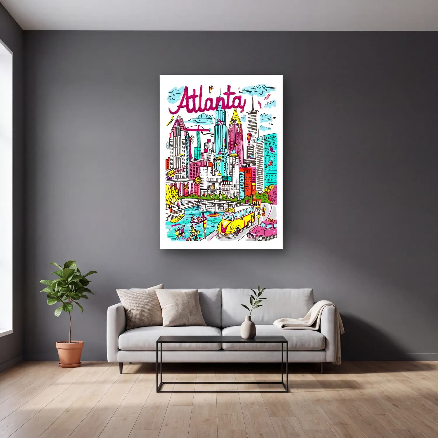Maksimalist New York Silüeti No. 17 cam tablo — gri duvarlı salonda