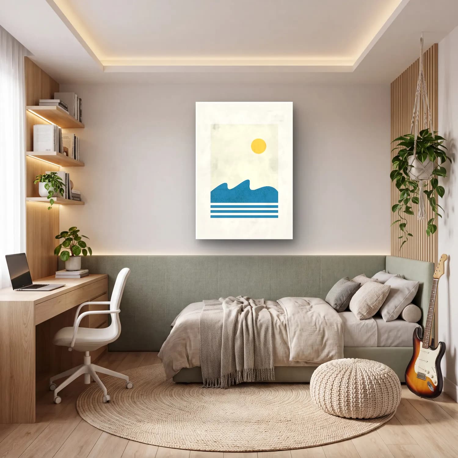 Boho Sakin Deniz Ufku cam tablo — genç odasında