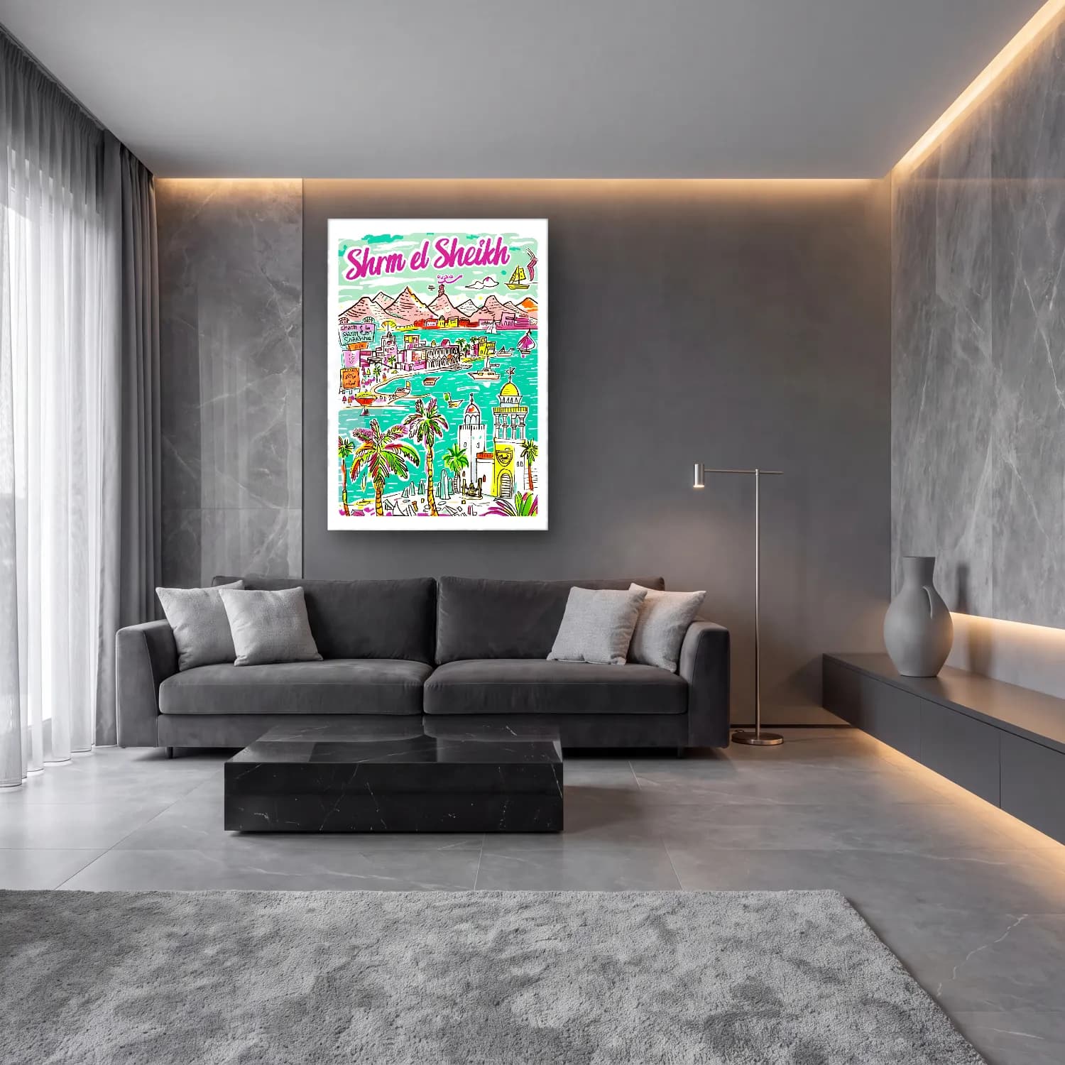 Pastel Akdeniz Sahil Kasabası No. 47 cam tablo — lüks salon duvarında