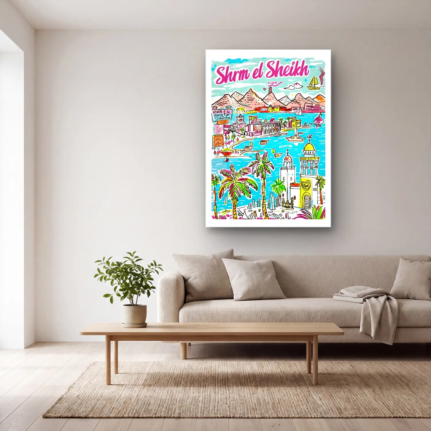 Pastel Akdeniz Sahil Kasabası No. 47 cam tablo — açık renk salonda