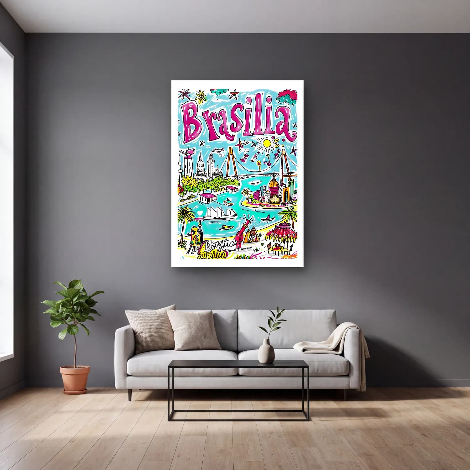 Maksimalist İstanbul No. 13 cam tablo — gri duvarlı salonda