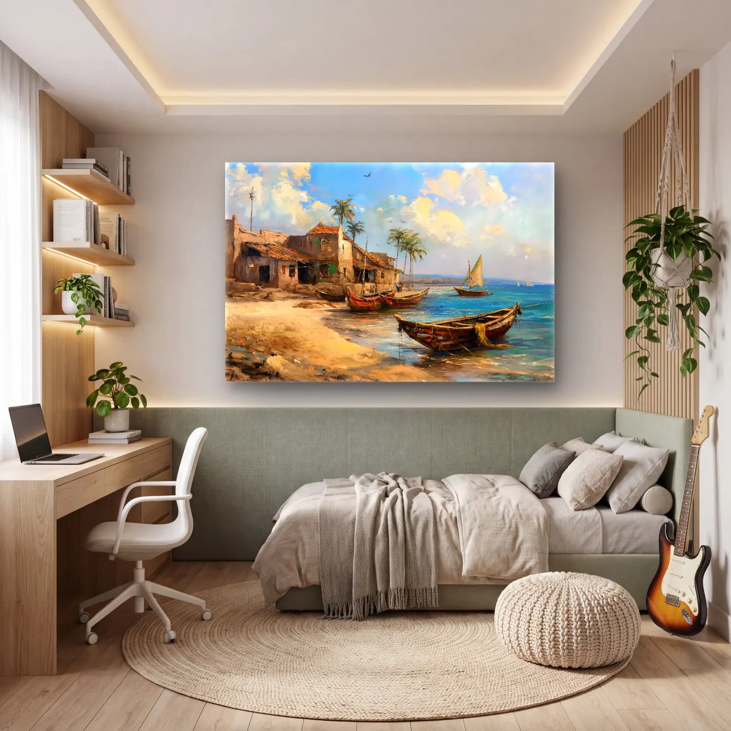 Yağlı Boya Liman ve Tekneler – Pastel Tonlar cam tablo — genç odasında