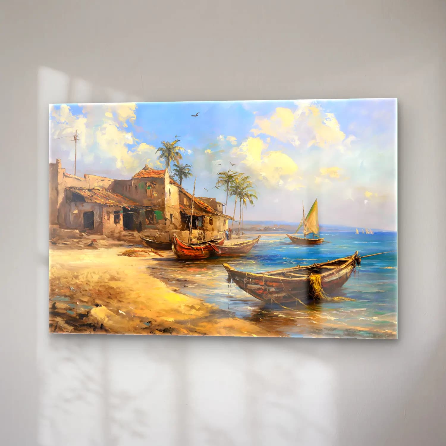 Yağlı Boya Liman ve Tekneler – Pastel Tonlar cam tablo — sağ açıdan görünüm